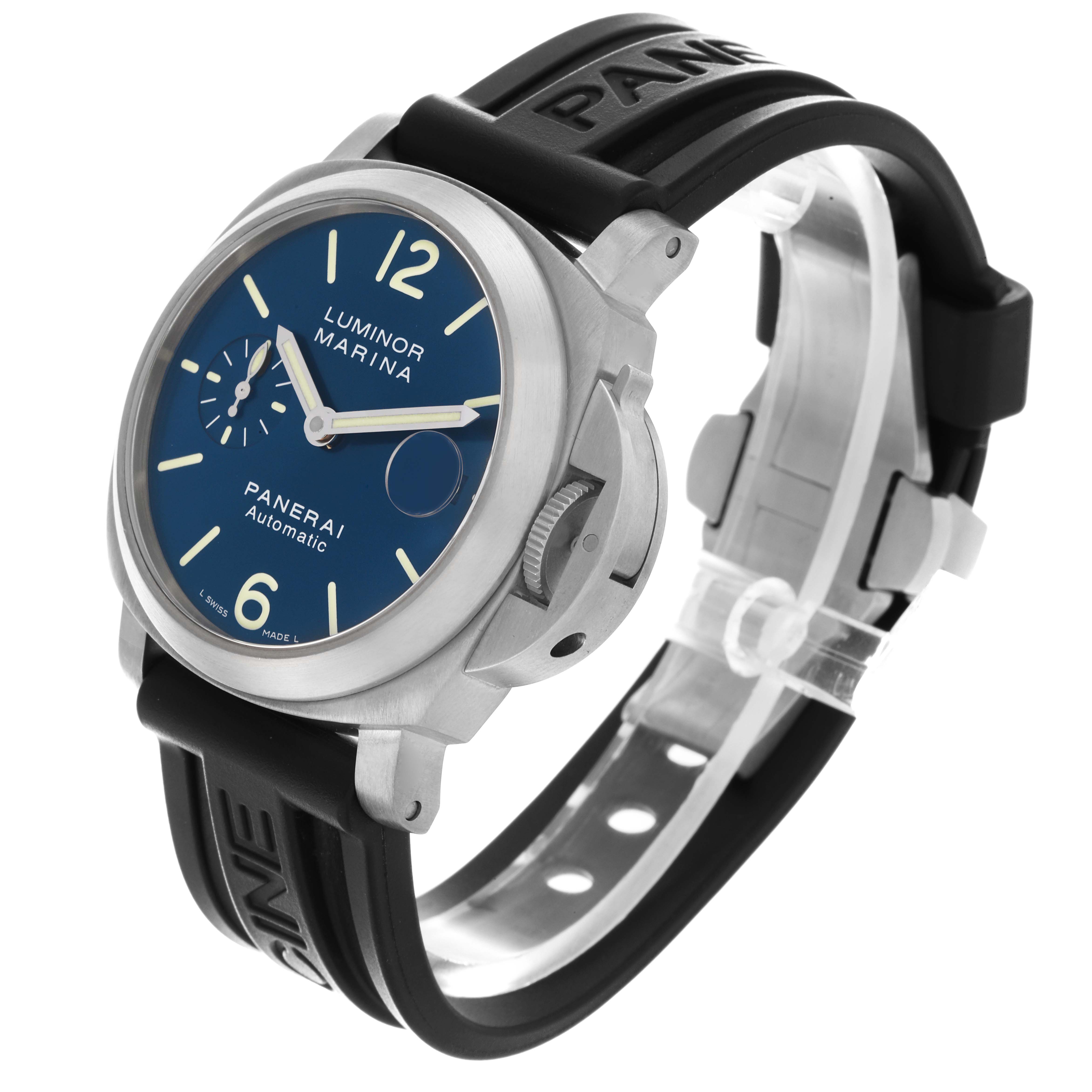 The Panerai Luminor PAM00282 Men's Titanium Blue Dial PAM00282 Men's Titanium Blue Dial watch is shown at a three-quarter angle, highlighting the dial, case, crown guard, and rubber strap.