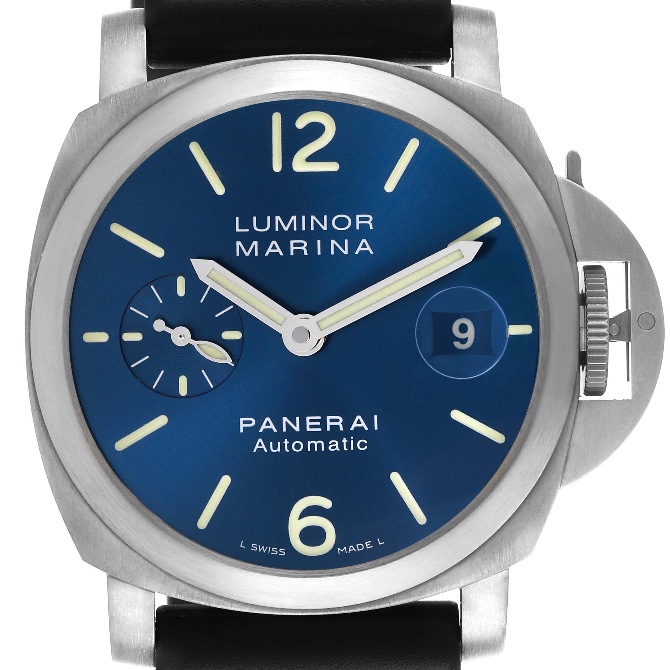 The Panerai Luminor PAM00282 Men's Titanium Blue Dial PAM00282 Men's Titanium Blue Dial watch is shown from the front, displaying the dial, hands, and crown guard.