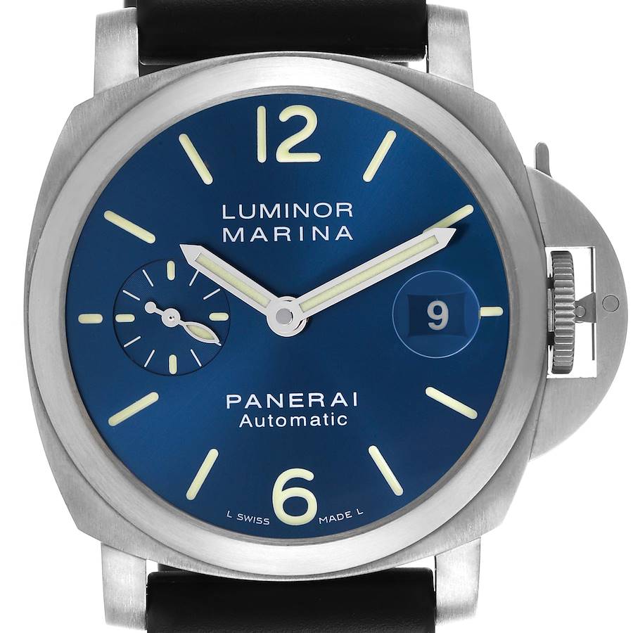 The Panerai Luminor watch is shown from the front, displaying the dial, hands, and crown guard.