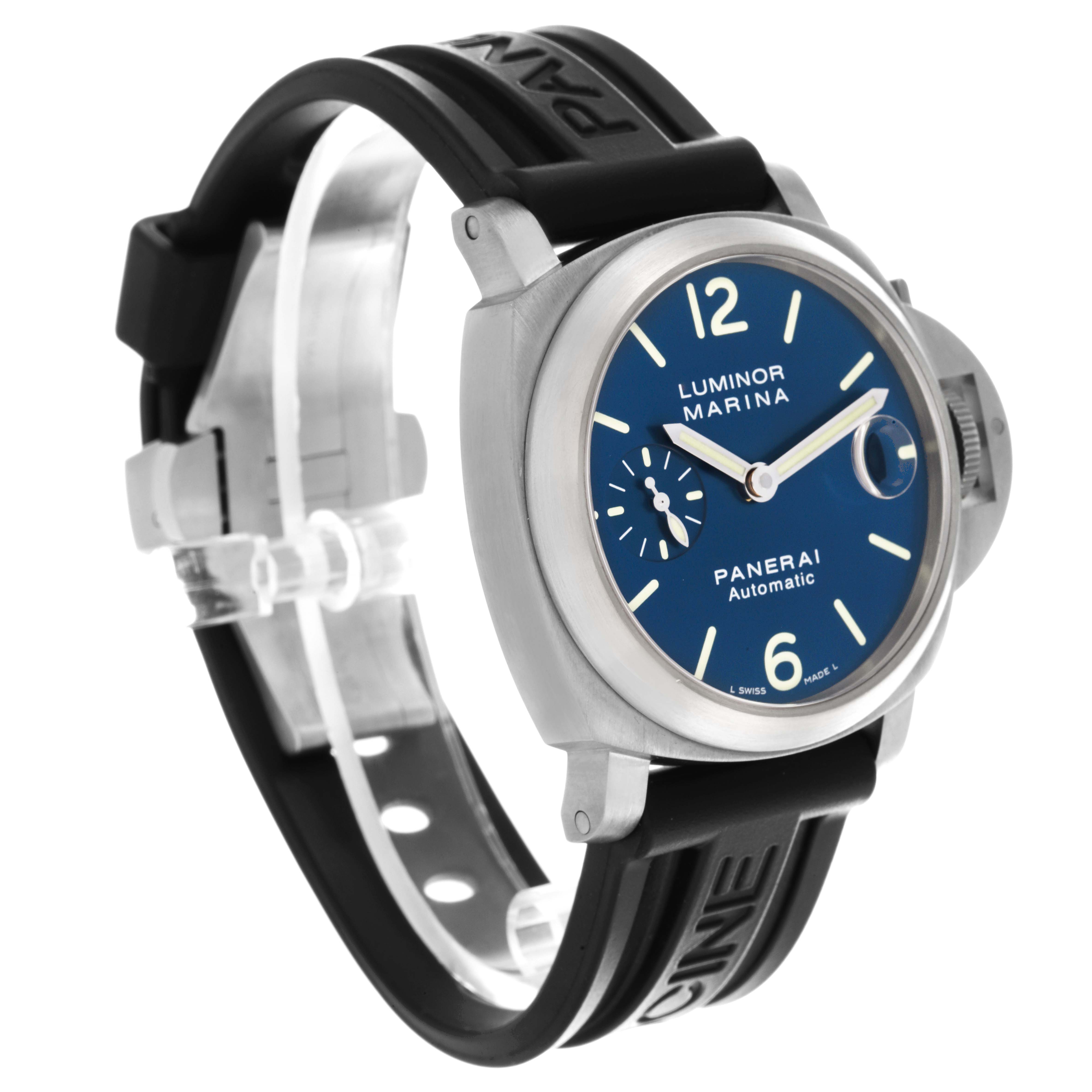 The Panerai Luminor PAM00282 Men's Titanium Blue Dial PAM00282 Men's Titanium Blue Dial watch is shown at a three-quarter angle, highlighting the dial, bezel, and rubber strap.