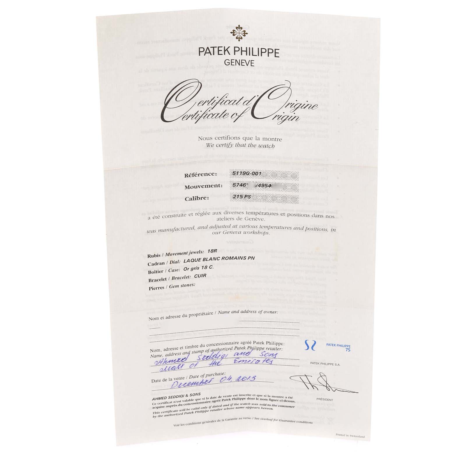 The image shows a Certificate of Origin for a Patek Philippe Calatrava 5119G Men's White Gold White Dial 5119G Men's White Gold White Dial watch.
