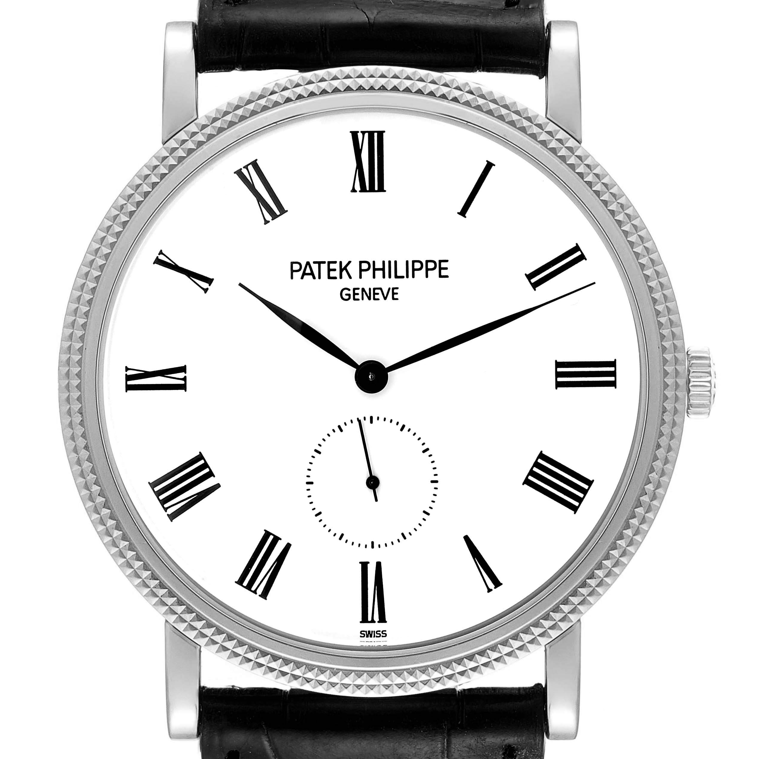 The image shows a frontal view of a Patek Philippe Calatrava 5119G Men's White Gold White Dial 5119G Men's White Gold White Dial watch, displaying its dial, hands, and bezel.
