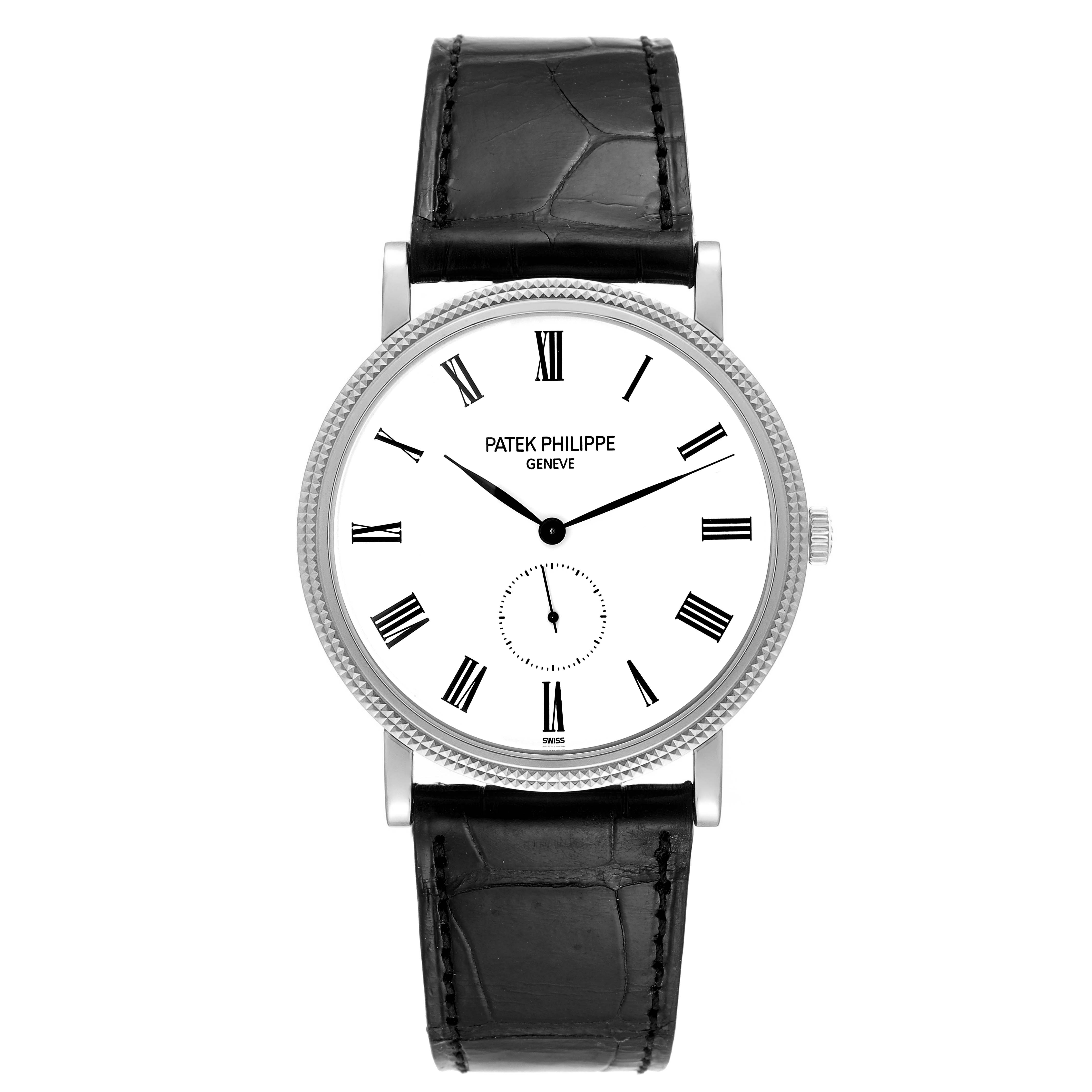 This image shows a front view of a Patek Philippe Calatrava 5119G Men's White Gold White Dial 5119G Men's White Gold White Dial watch with a white dial, Roman numerals, and a black leather strap.