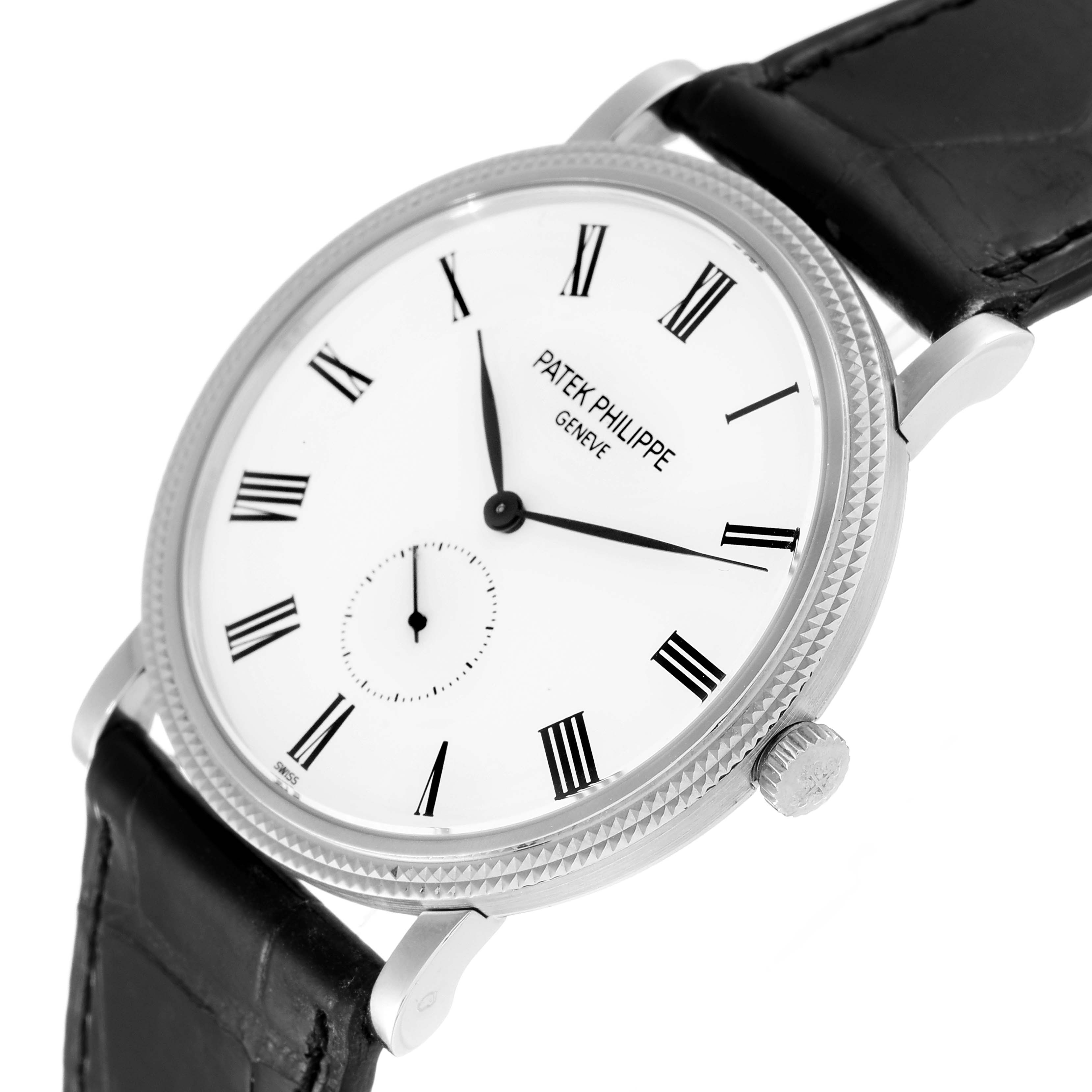 The Patek Philippe Calatrava 5119G Men's White Gold White Dial 5119G Men's White Gold White Dial watch is shown at an angled view, highlighting the face, bezel, crown, and leather strap.