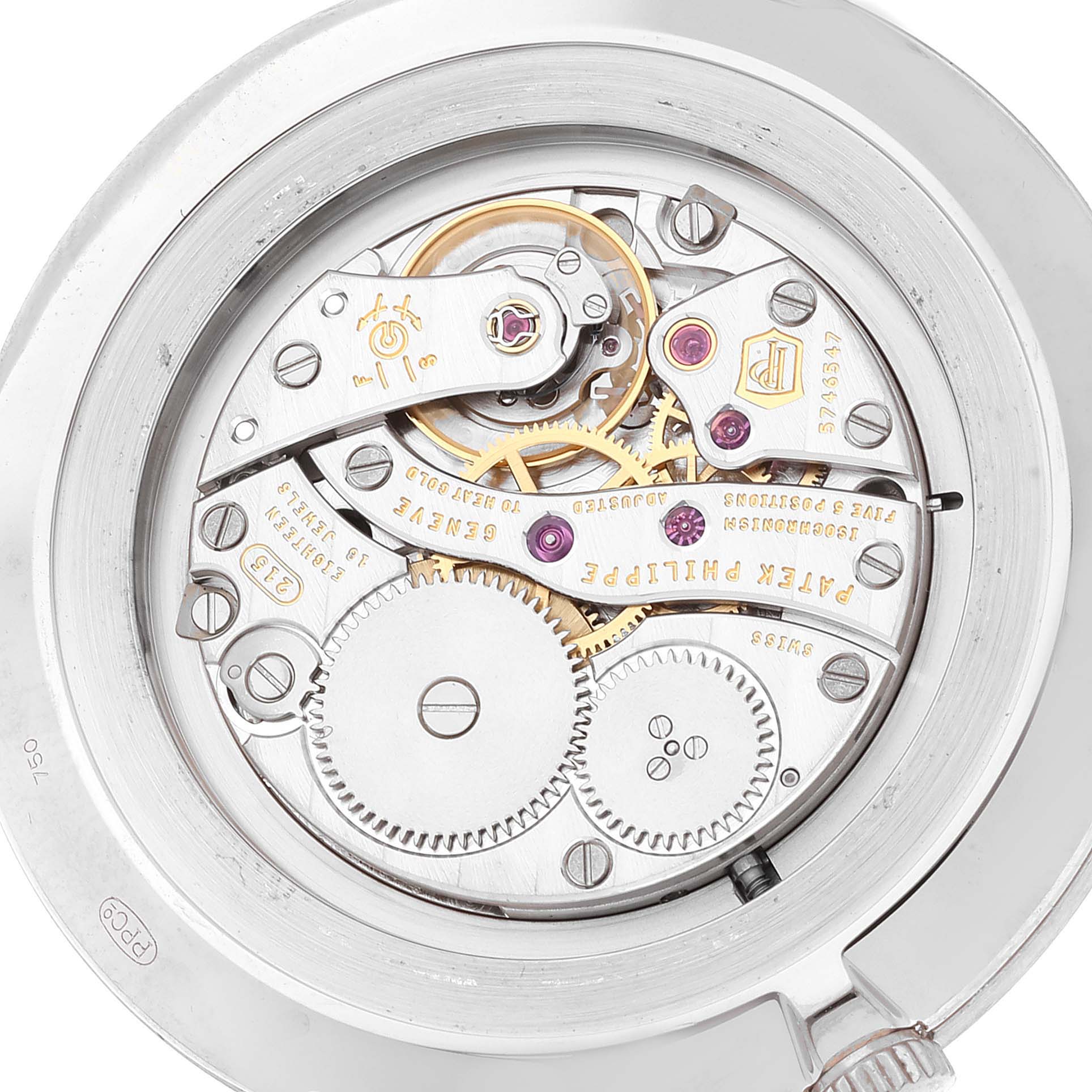 The image shows the intricate movement parts of a Patek Philippe Calatrava 5119G Men's White Gold White Dial 5119G Men's White Gold White Dial watch, viewed from the back.