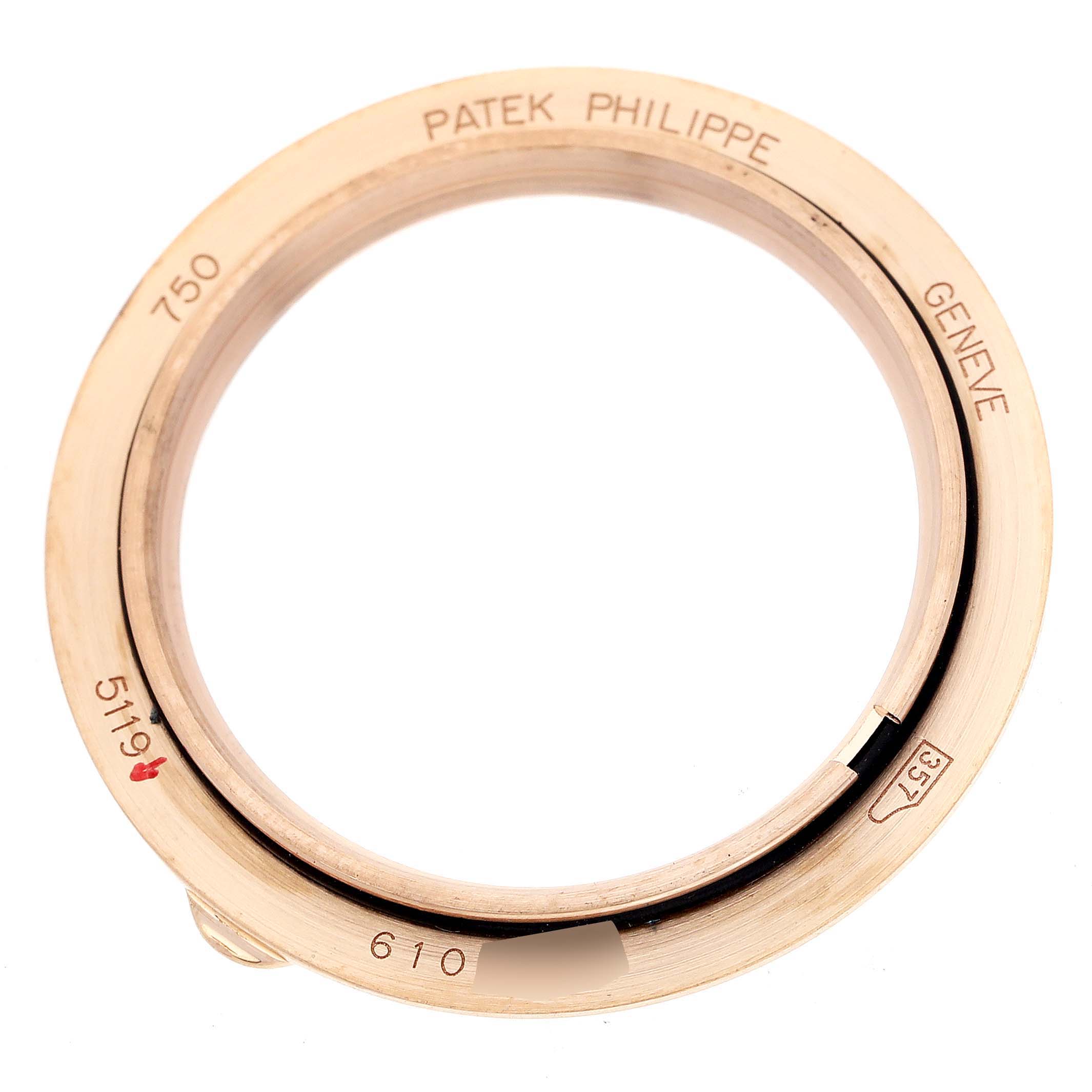 The image shows the bezel of a Patek Philippe Calatrava 5119R Men
s Rose Gold White Dial 5119R Men
s Rose Gold White Dial watch, model 5119, viewed from the top.