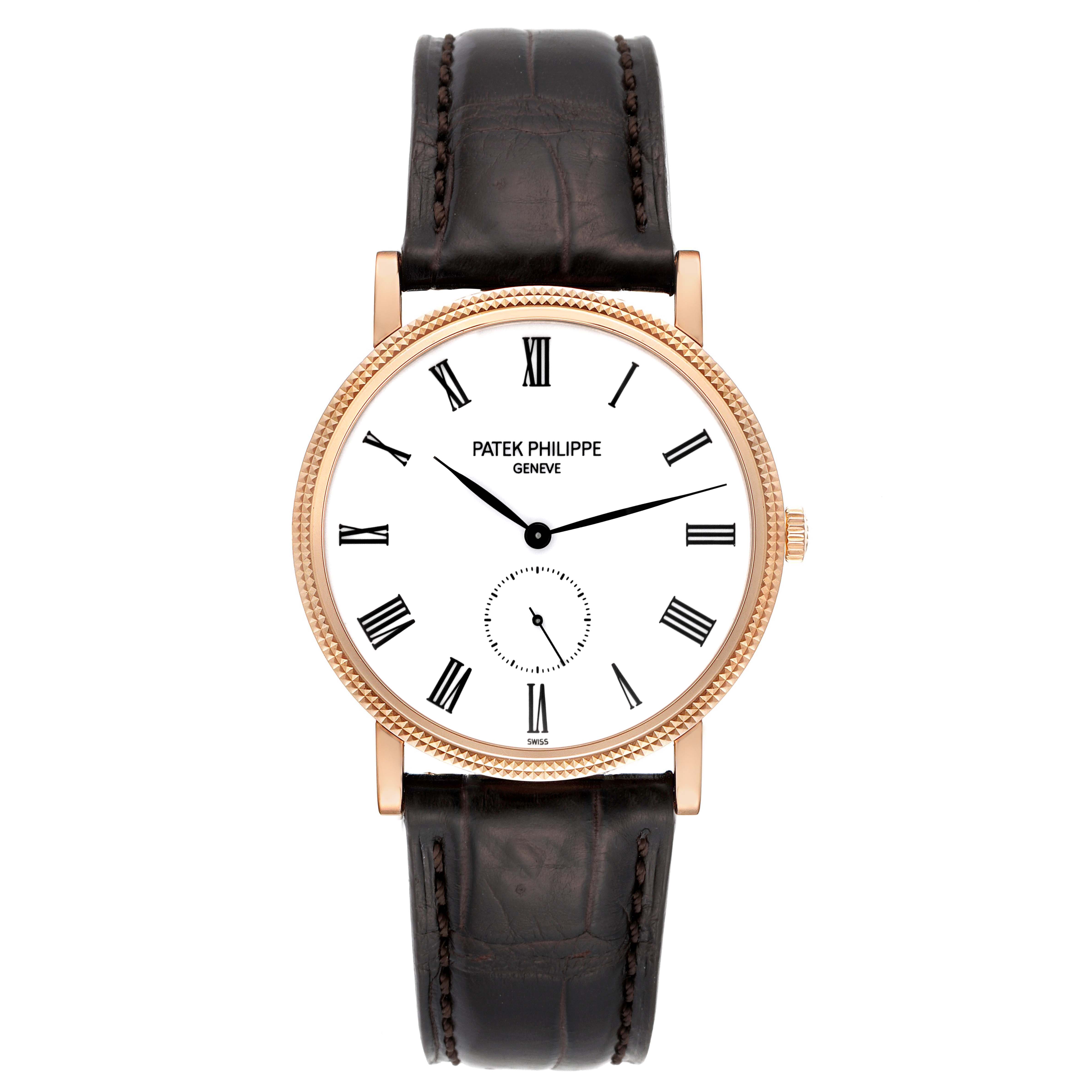 The image shows a front view of a Patek Philippe Calatrava 5119R Men
s Rose Gold White Dial 5119R Men
s Rose Gold White Dial watch with a white dial and brown leather strap.