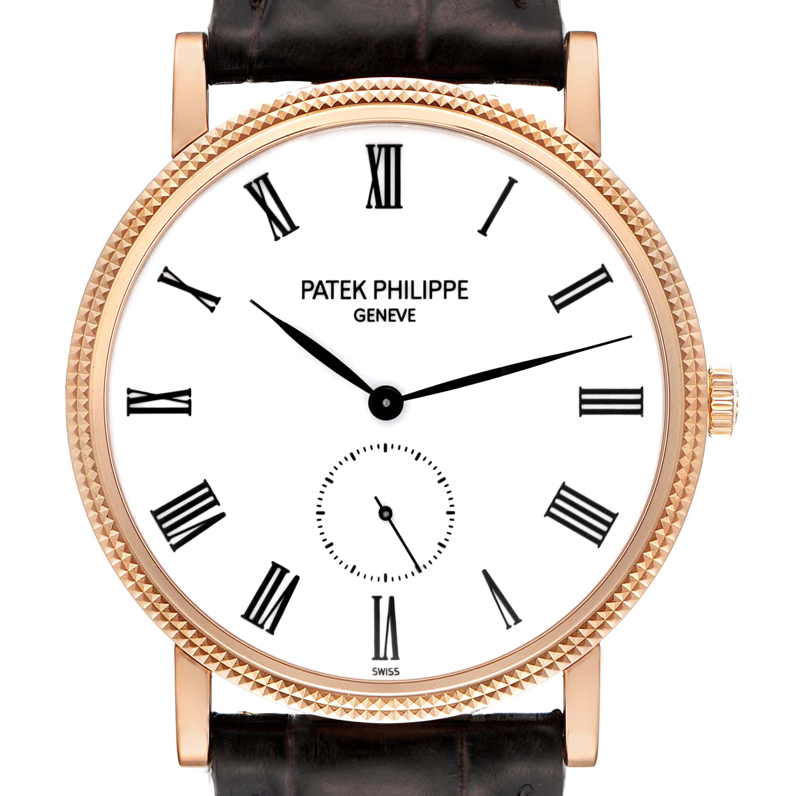 This image shows a frontal view of the Patek Philippe Calatrava 5119R Men
s Rose Gold White Dial 5119R Men
s Rose Gold White Dial watch, displaying its face, dial, and strap attachments.