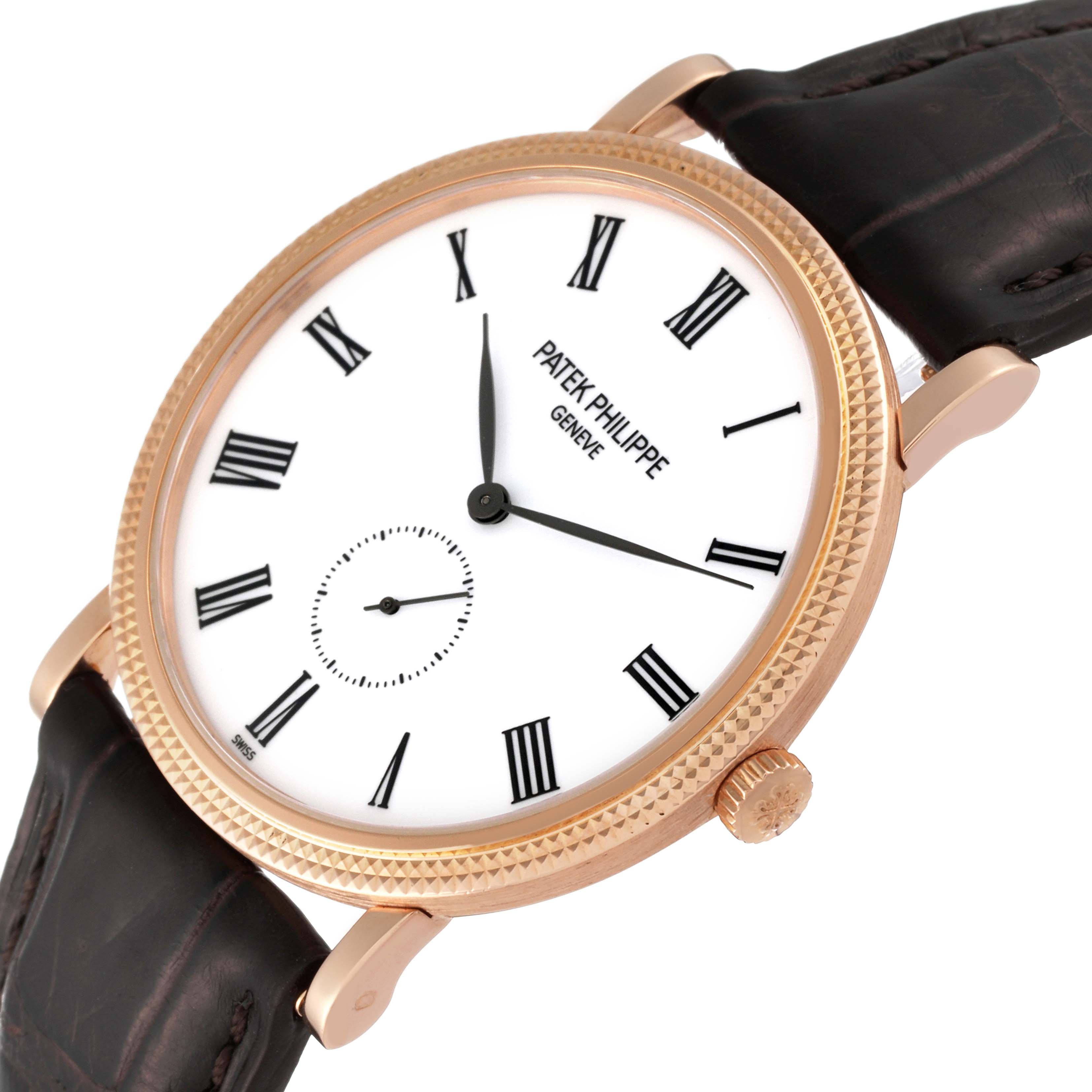 The Patek Philippe Calatrava 5119R Men
s Rose Gold White Dial 5119R Men
s Rose Gold White Dial watch is shown at an angled close-up, displaying the dial, bezel, crown, and leather strap.
