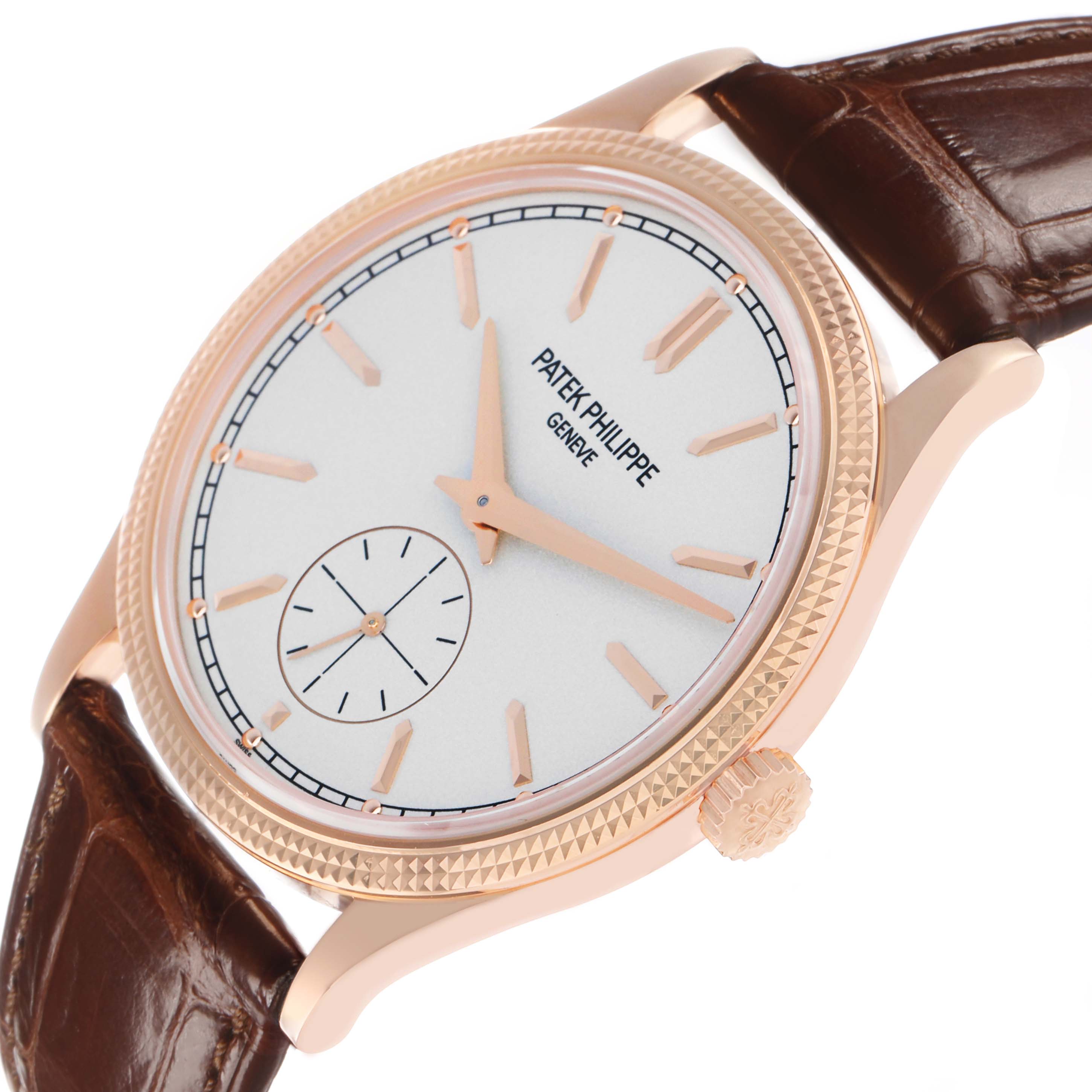 The Patek Philippe Calatrava 6119R-001 Men's Rose Gold Silver Dial watch is shown at a side angle highlighting the dial, case, crown, and leather strap.