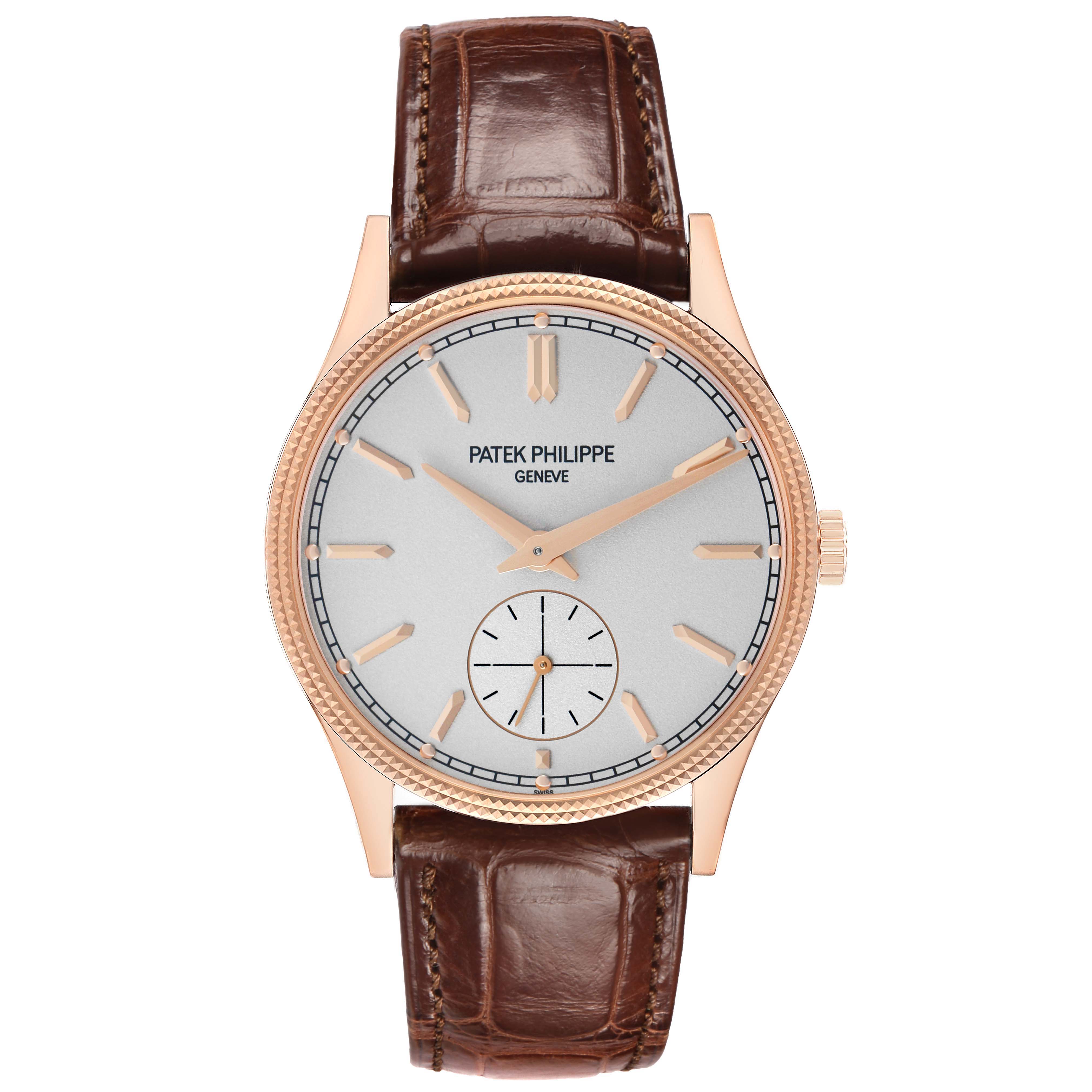 The image shows a Patek Philippe Calatrava 6119R-001 Men's Rose Gold Silver Dial watch from a front angle, displaying its dial, hands, and leather strap.