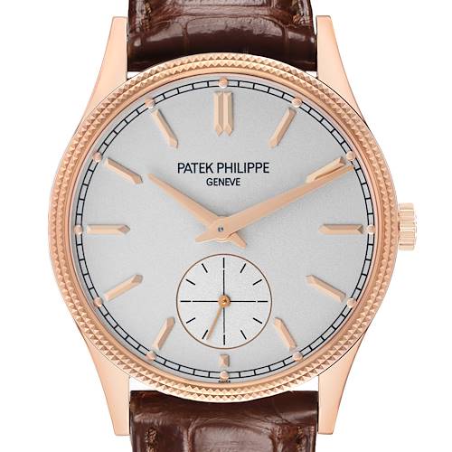 The Patek Philippe Calatrava 6119R-001 Men's Rose Gold Silver Dial watch is shown from a front angle, highlighting the dial, hands, bezel, and leather strap.