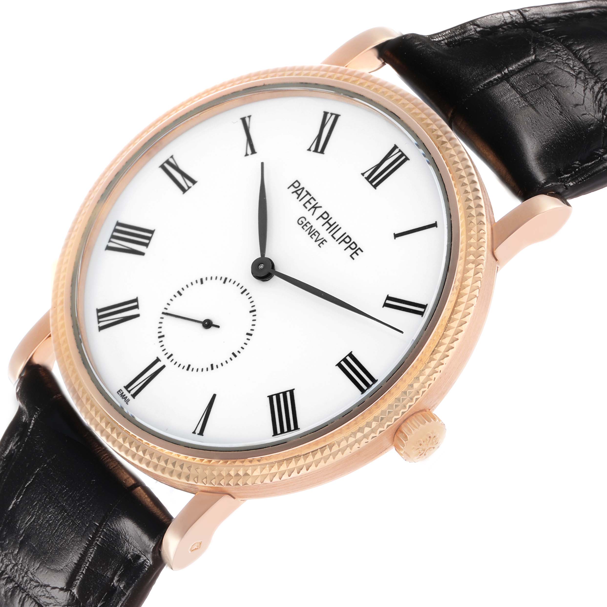 The Patek Philippe Calatrava 5116R Men's Rose Gold White Dial watch is shown from a slight angle, displaying the face, case, crown, and part of the strap.