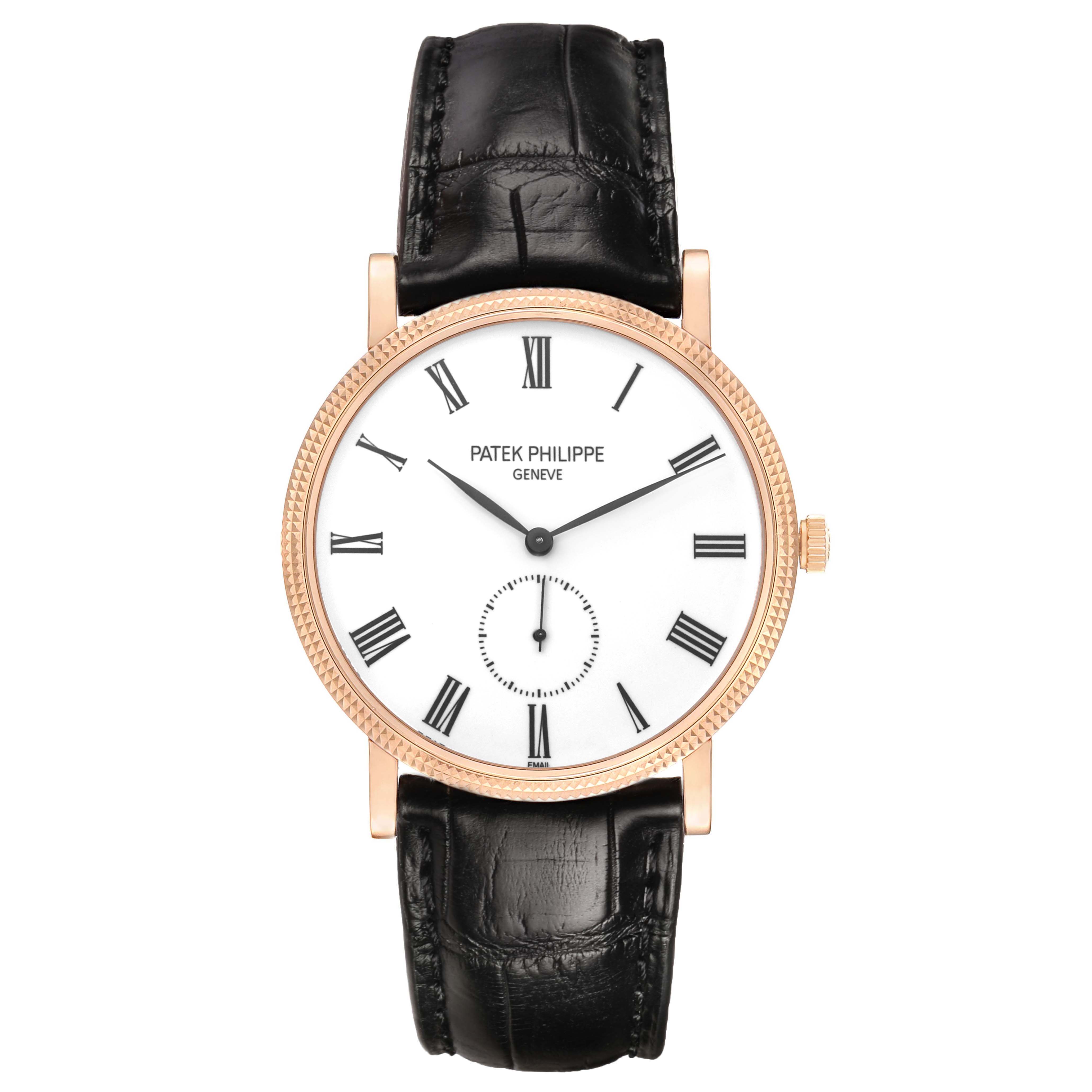 The Patek Philippe Calatrava 5116R Men's Rose Gold White Dial watch is shown from a front angle, displaying its dial, hands, and leather strap.