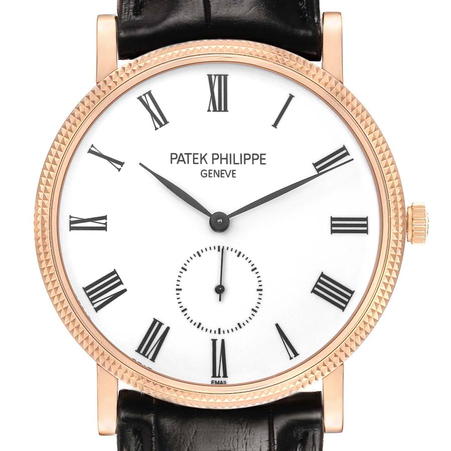 The image shows a frontal view of the Patek Philippe Calatrava 5116R Men's Rose Gold White Dial watch, highlighting the dial, hands, case, and strap attachment.