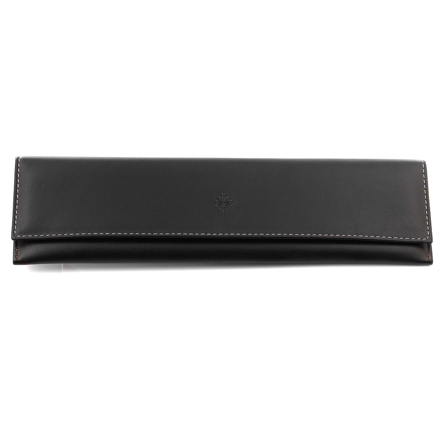 This is a black leather pouch for a Patek Philippe Calatrava 5116R Men's Rose Gold White Dial watch, shown from the front with visible stitching.