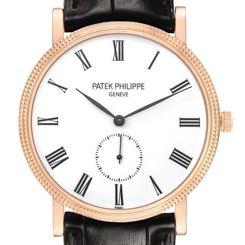 The image shows a front view of the Patek Philippe Calatrava 5116R Men's Rose Gold White Dial watch, displaying its face, bezel, crown, and part of the strap.