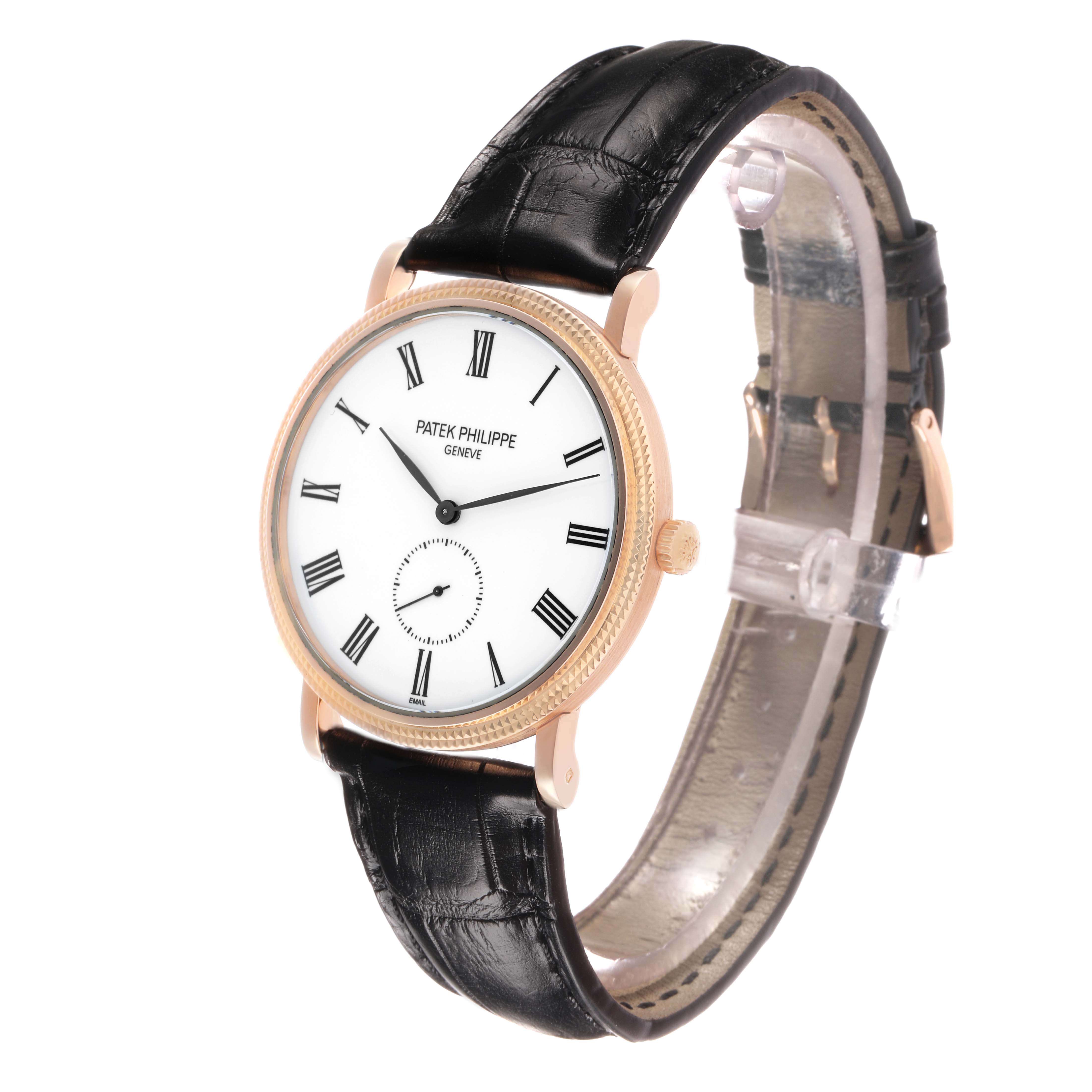 The Patek Philippe Calatrava 5116R Men's Rose Gold White Dial is shown in a side angle displaying the watch face, crown, and black leather strap.