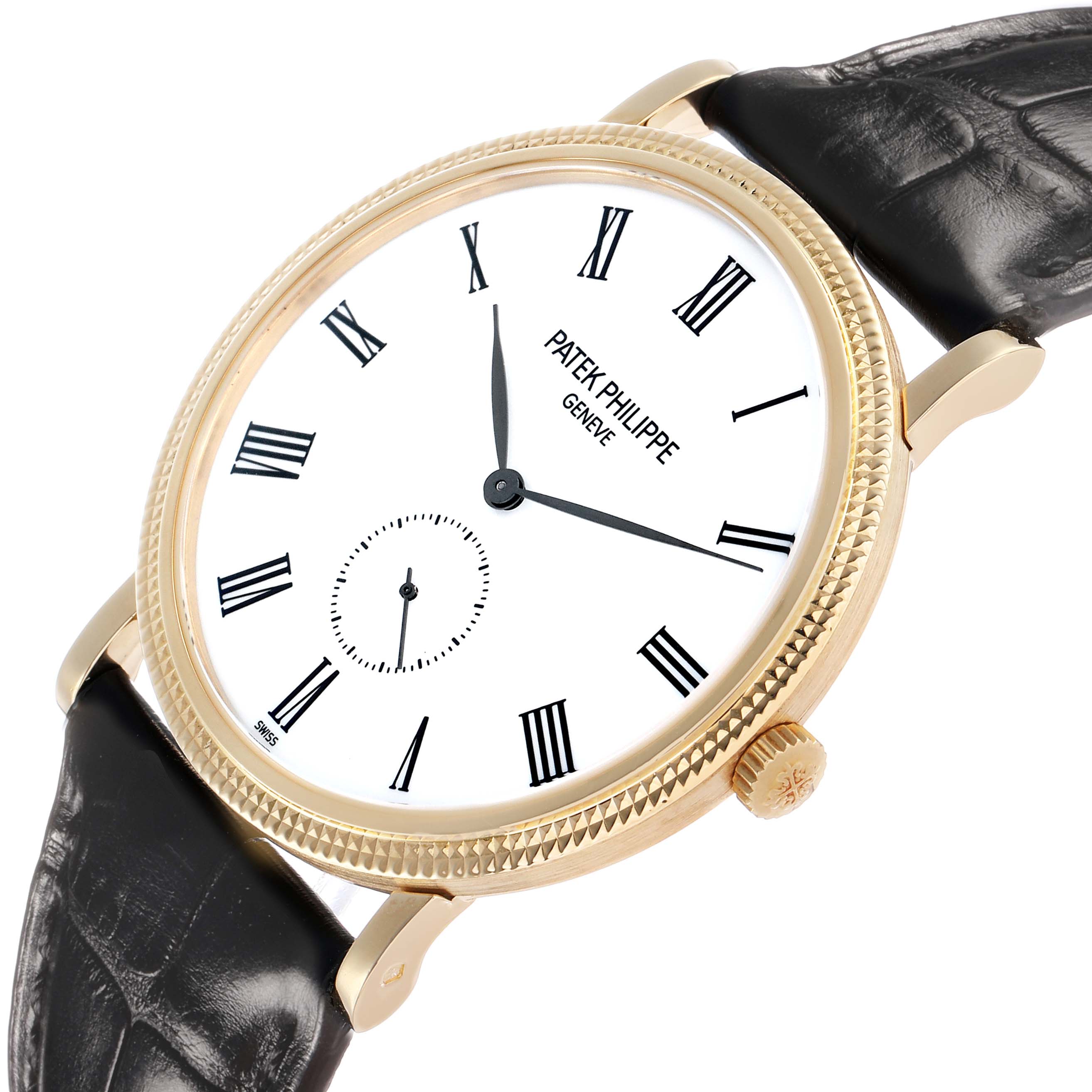 The Patek Philippe Calatrava 5119J Men's Yellow Gold White Dial watch is shown at a slight angle, displaying the face, Roman numerals, bezel, crown, and strap attachment.