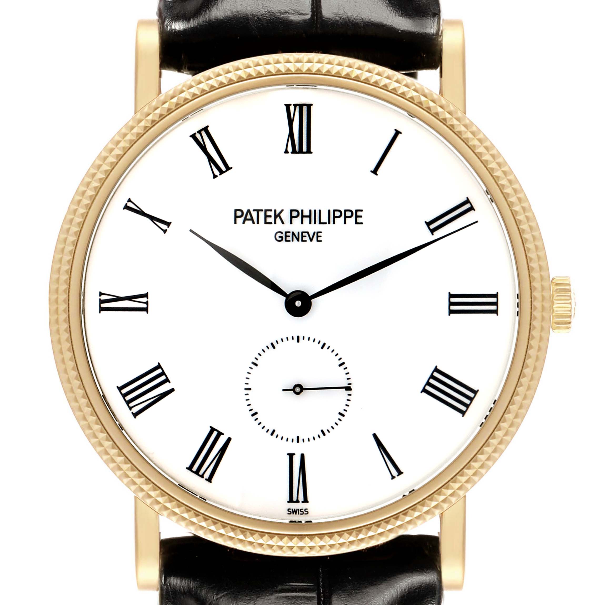 The Patek Philippe Calatrava 5119J Men's Yellow Gold White Dial watch is shown from the front, displaying its dial, hands, and Roman numerals.