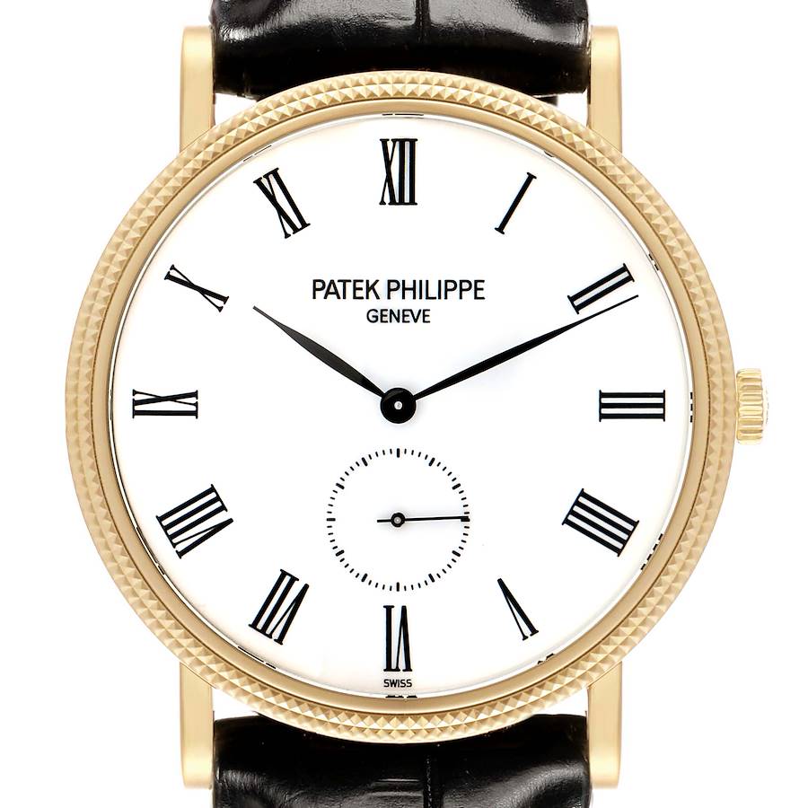 The Patek Philippe Calatrava 5119J Men's Yellow Gold White Dial watch is shown from the front, displaying its dial, hands, and Roman numerals.