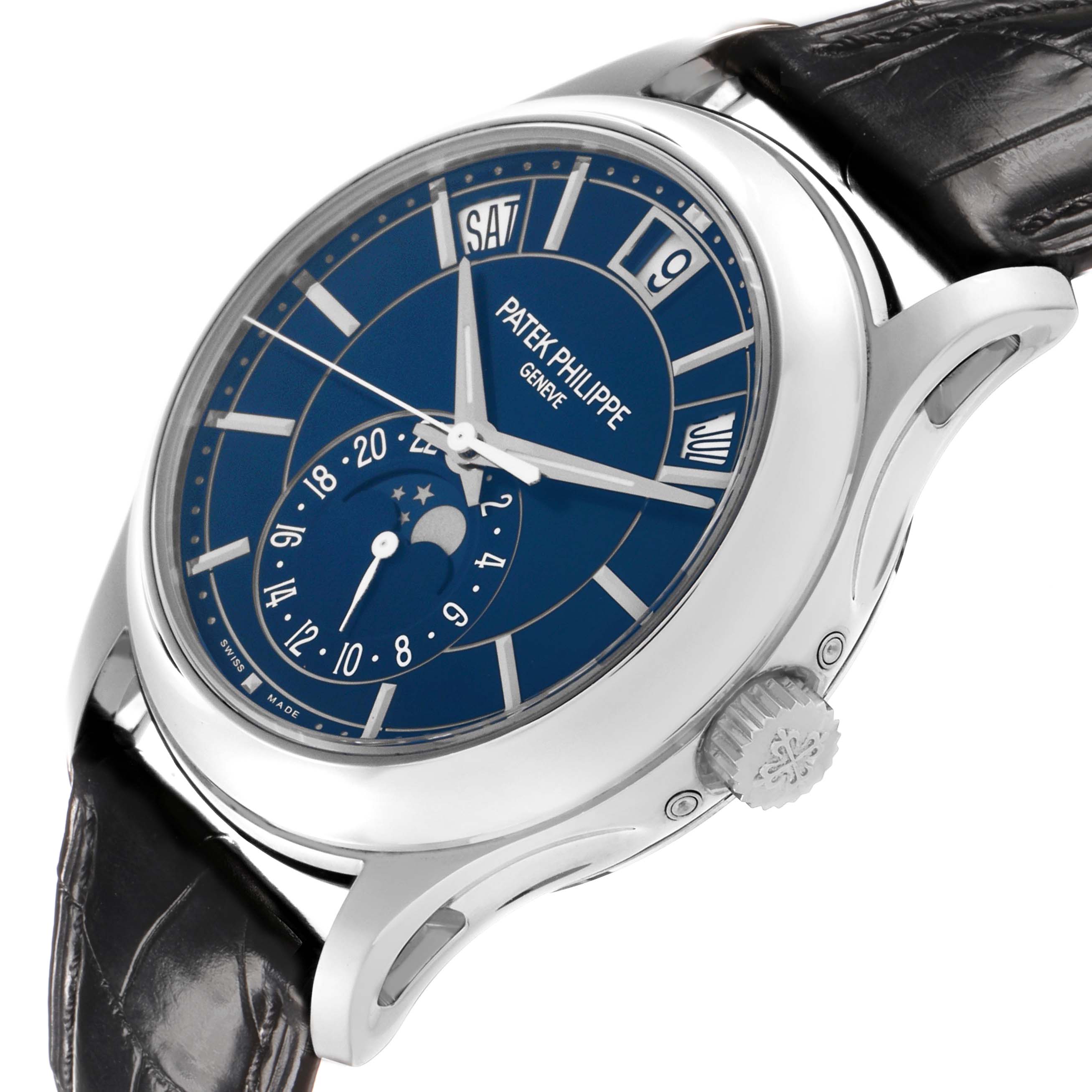 This Patek Philippe Complications 5205G-013 Men's White Gold Blue Dial watch is shown from a three-quarter angle, highlighting the dial, crown, and strap.
