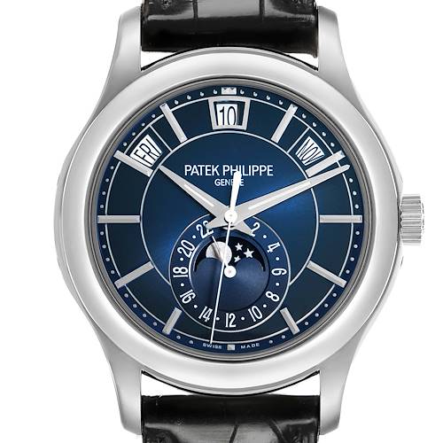 The Patek Philippe Complications 5205G-013 Men's White Gold Blue Dial watch is shown from the front, featuring a blue dial, moon phase, and leather strap.