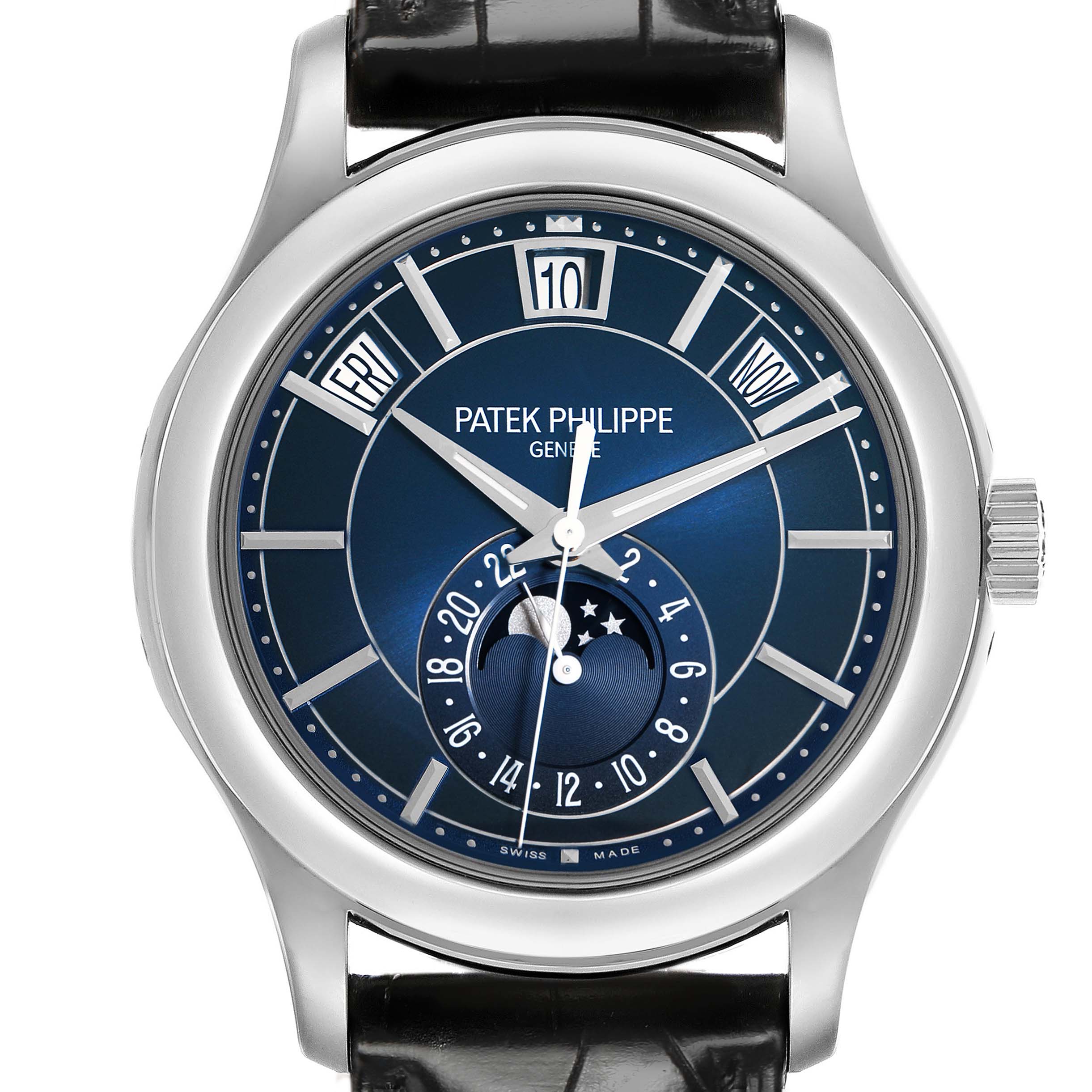 The Patek Philippe Complications 5205G-013 Men's White Gold Blue Dial watch is shown from a front angle, displaying the dial, hands, date, and moon phase.