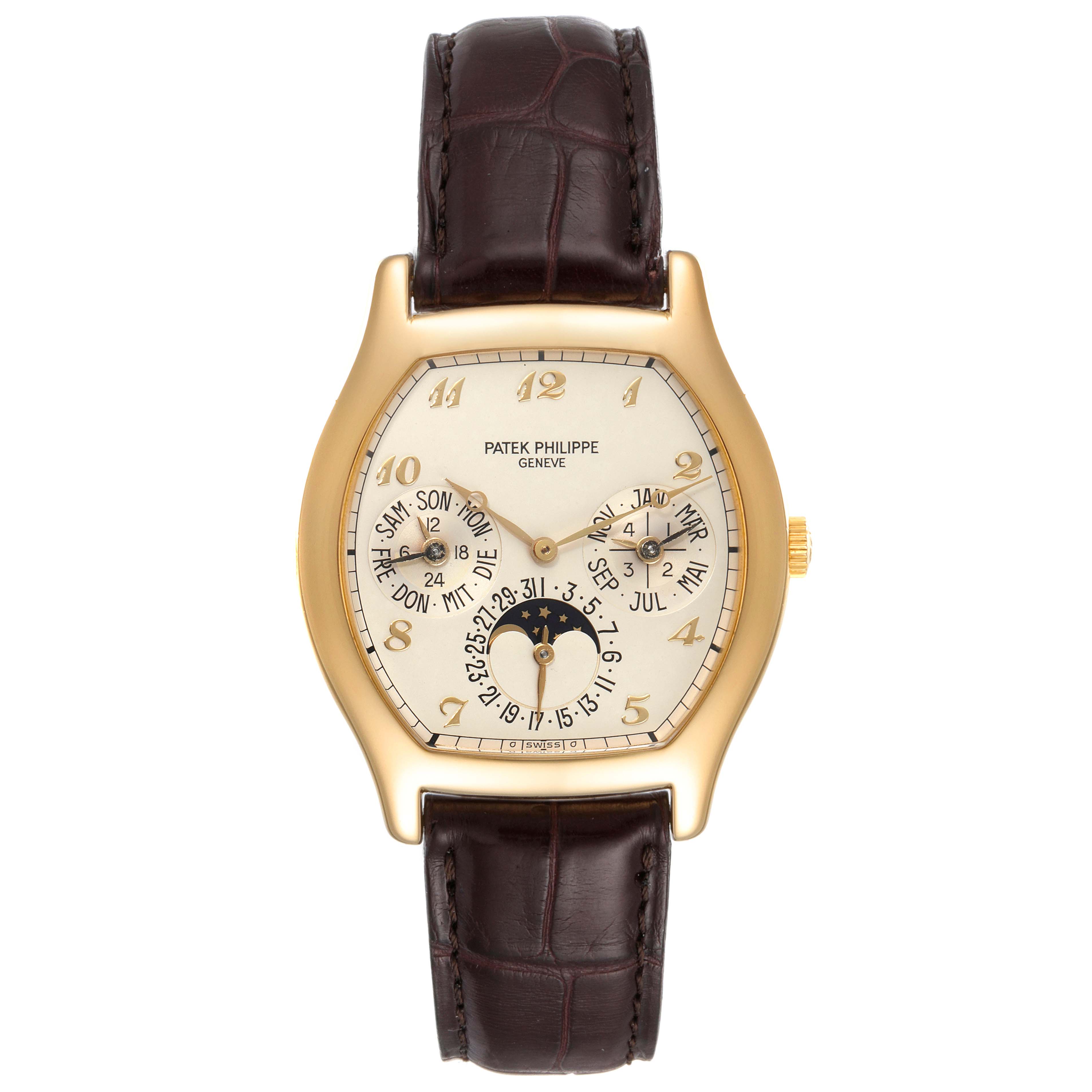 The image shows a front view of the Patek Philippe Complications 5040 Men's Yellow Gold Silver Dial 5040 Men's Yellow Gold Silver Dial model watch, highlighting its dial and leather strap.