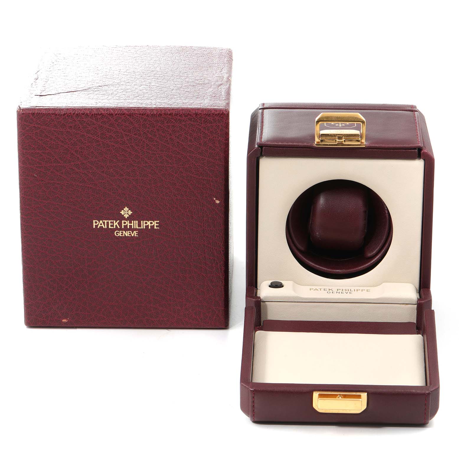The image shows a Patek Philippe Complications 5040 Men's Yellow Gold Silver Dial 5040 Men's Yellow Gold Silver Dial watch box and case, photographed from the front.