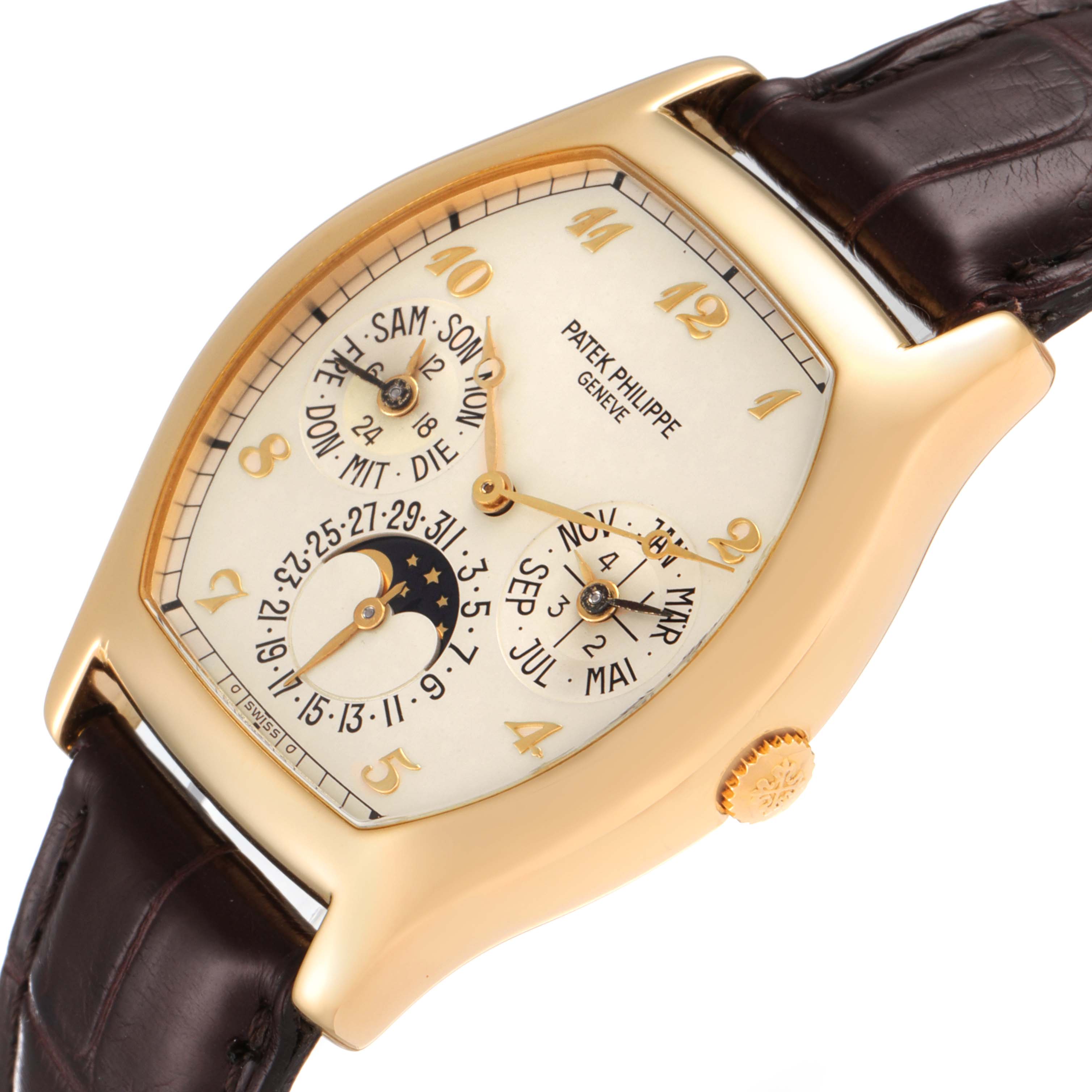 This image shows a close-up, angled view of a Patek Philippe Complications 5040 Men's Yellow Gold Silver Dial 5040 Men's Yellow Gold Silver Dial watch, highlighting its face and leather strap.