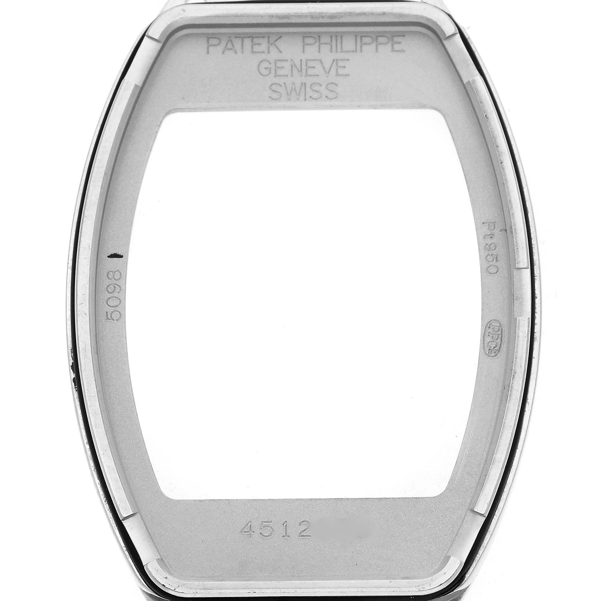 The image shows the front view of the case for a Patek Philippe Gondolo 5098P-001 Men's Platinum Silver Dial watch, featuring its inner markings.