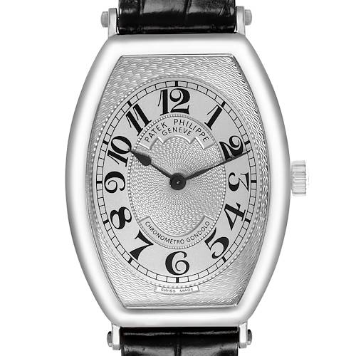 The image shows a frontal view of a Patek Philippe Gondolo 5098P-001 Men's Platinum Silver Dial watch, highlighting its face, strap, and crown.