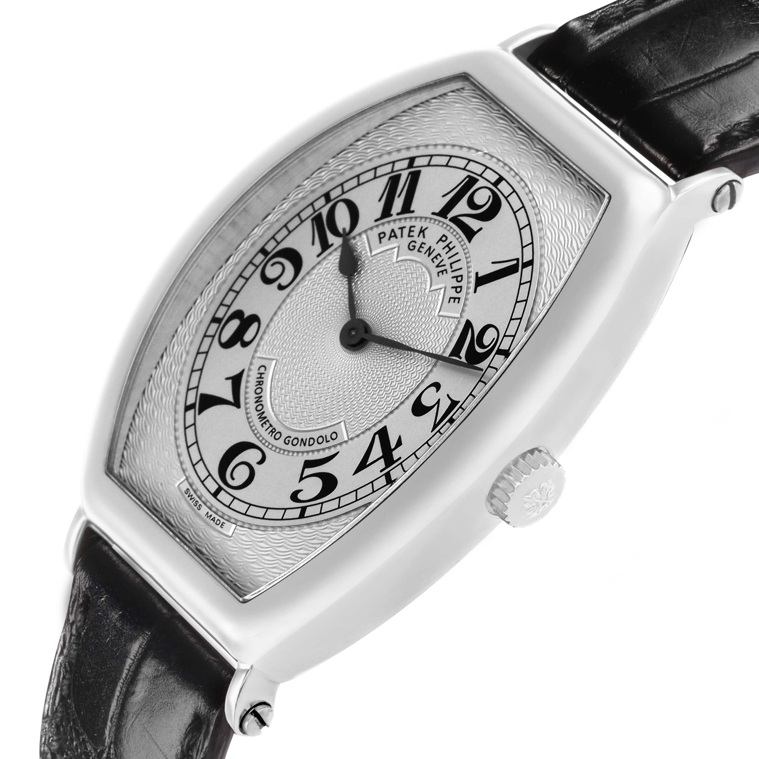 The image shows a Patek Philippe Gondolo 5098P-001 Men's Platinum Silver Dial watch at an angled side view, highlighting the dial, case, crown, and leather strap.