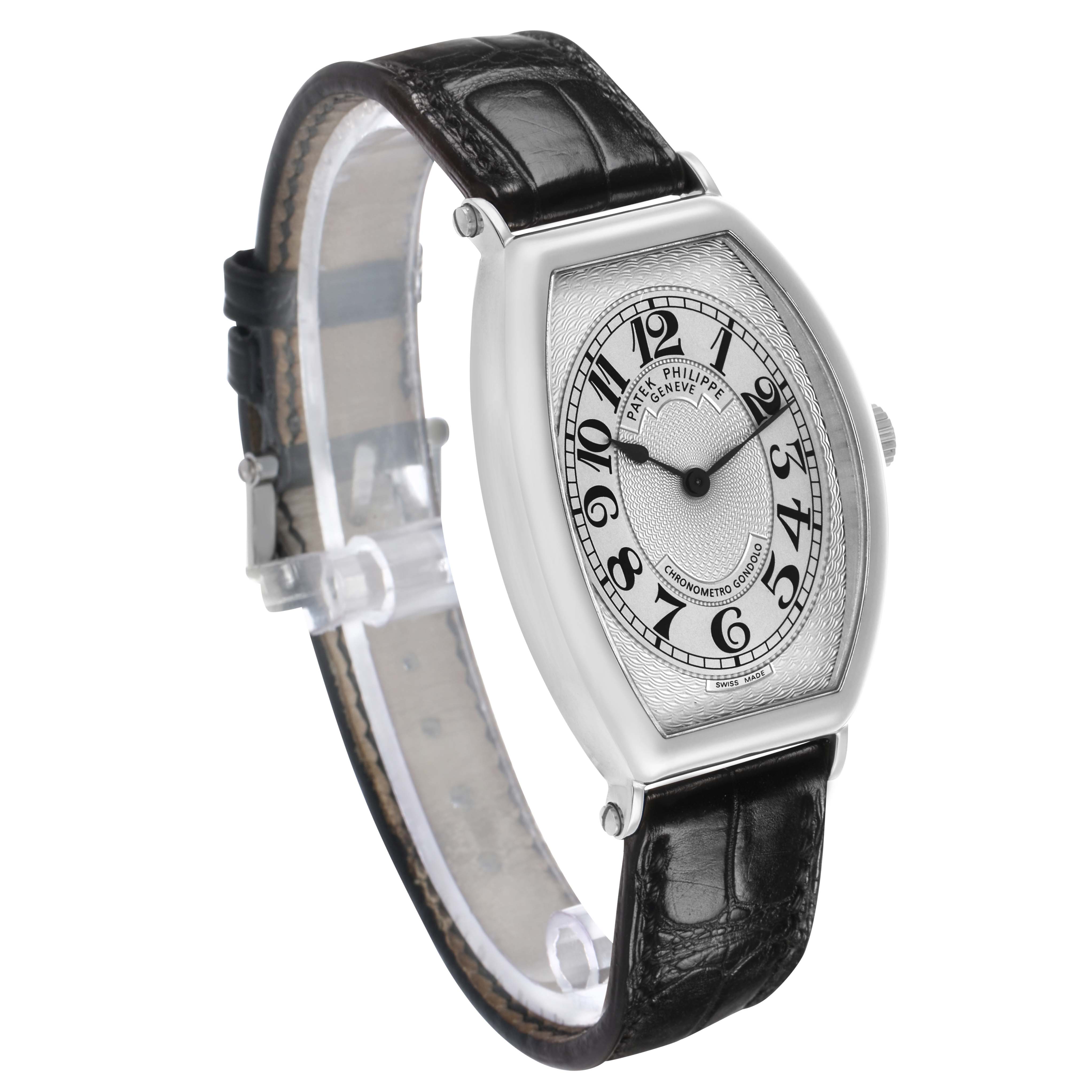 The Patek Philippe Gondolo 5098P-001 Men's Platinum Silver Dial watch is shown at a slight angle, displaying the dial, case, and leather strap side.