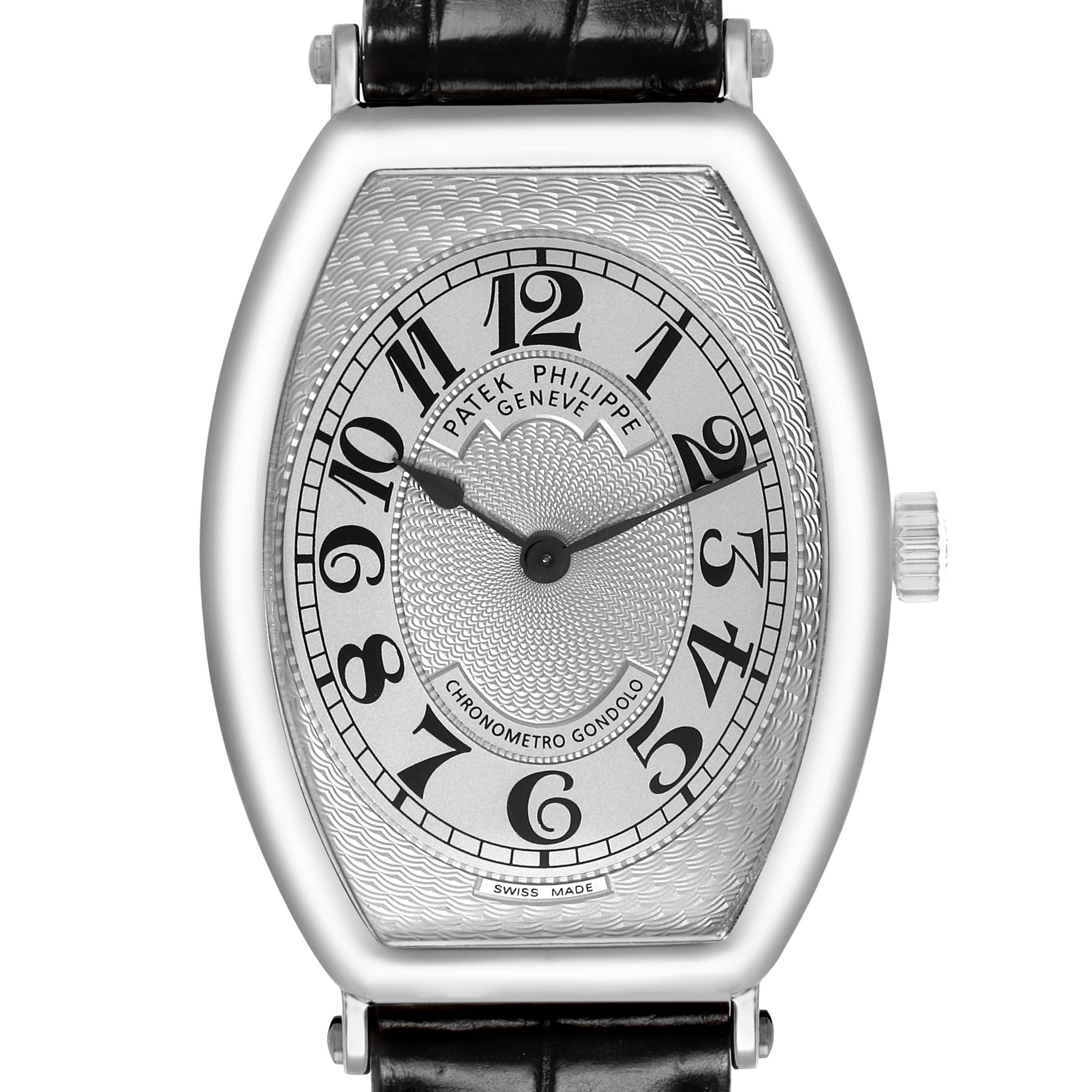 The Patek Philippe Gondolo 5098P-001 Men's Platinum Silver Dial watch is shown from a front angle, highlighting its oval case, crown, and leather strap.