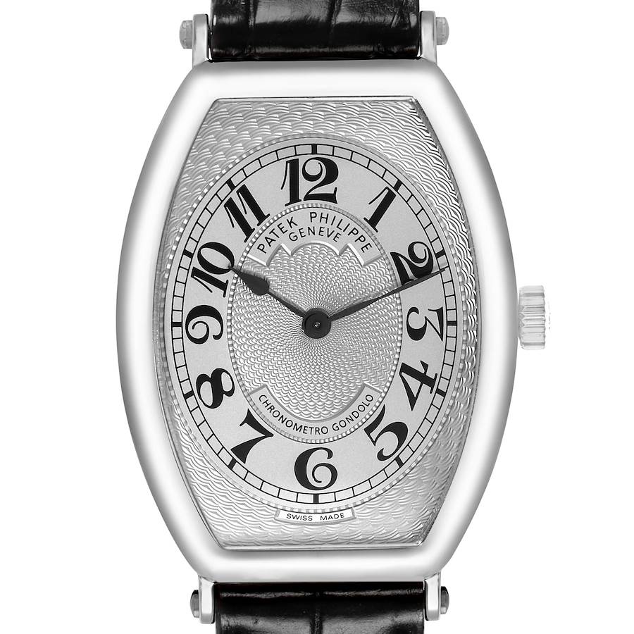 The Patek Philippe Gondolo 5098P-001 Men's Platinum Silver Dial watch is shown from a front angle, highlighting its oval case, crown, and leather strap.