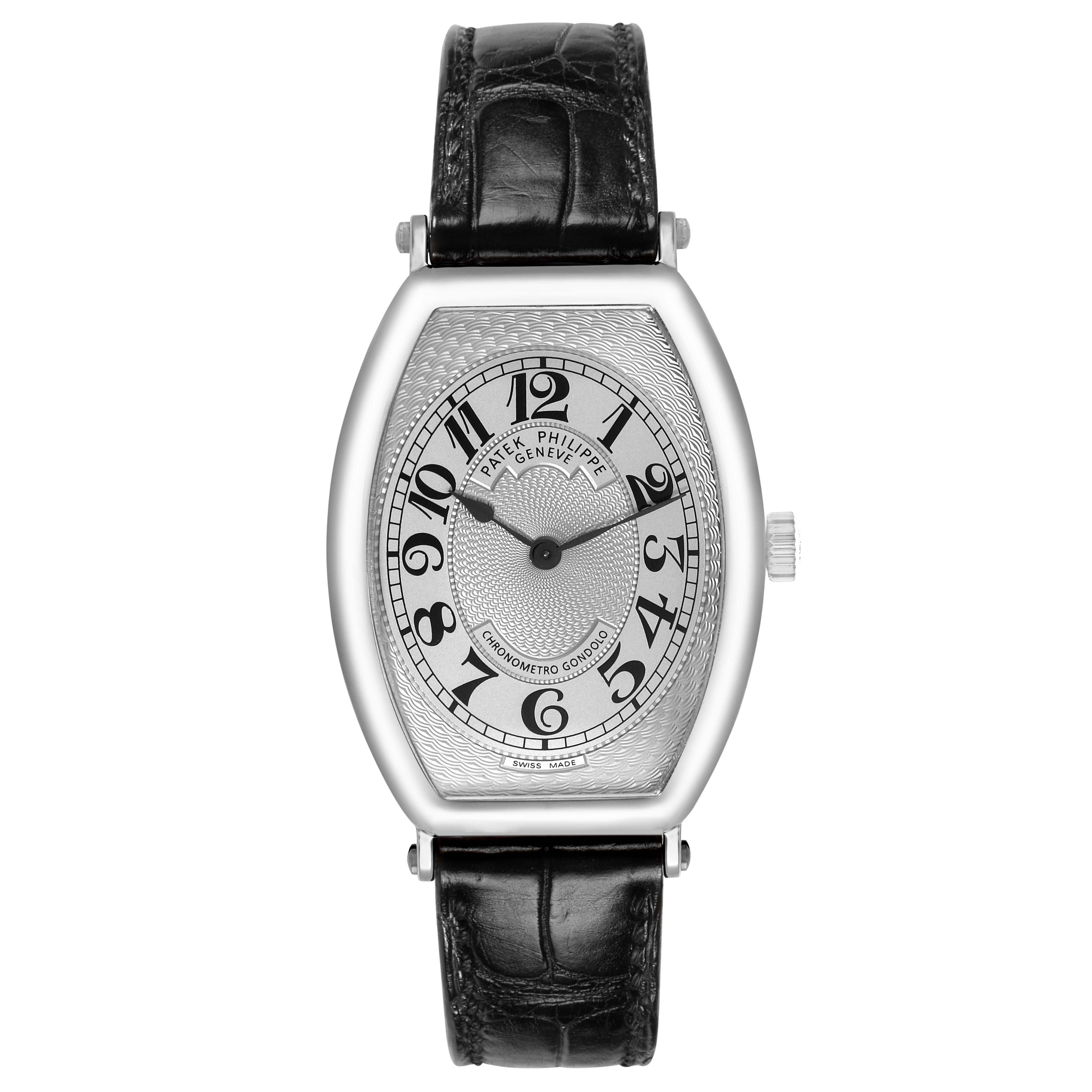 The Patek Philippe Gondolo 5098P-001 Men's Platinum Silver Dial watch is shown from the front, featuring its silver dial, black numerals, and a black leather strap.