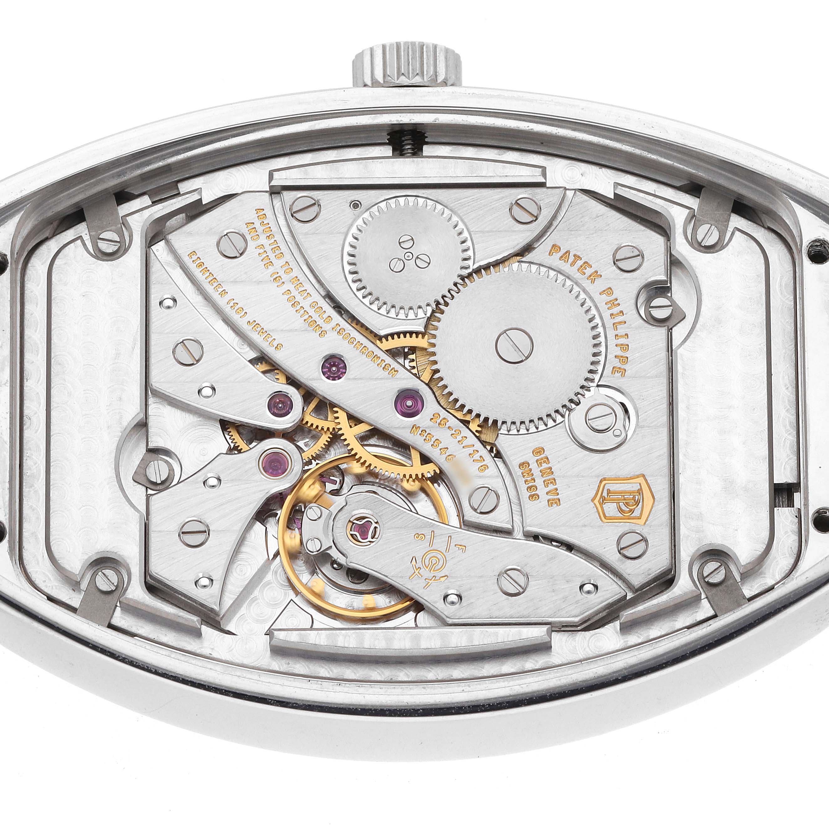 The image shows the movement of the Patek Philippe Gondolo 5098P-001 Men's Platinum Silver Dial watch from the back, displaying gears and mechanical components.
