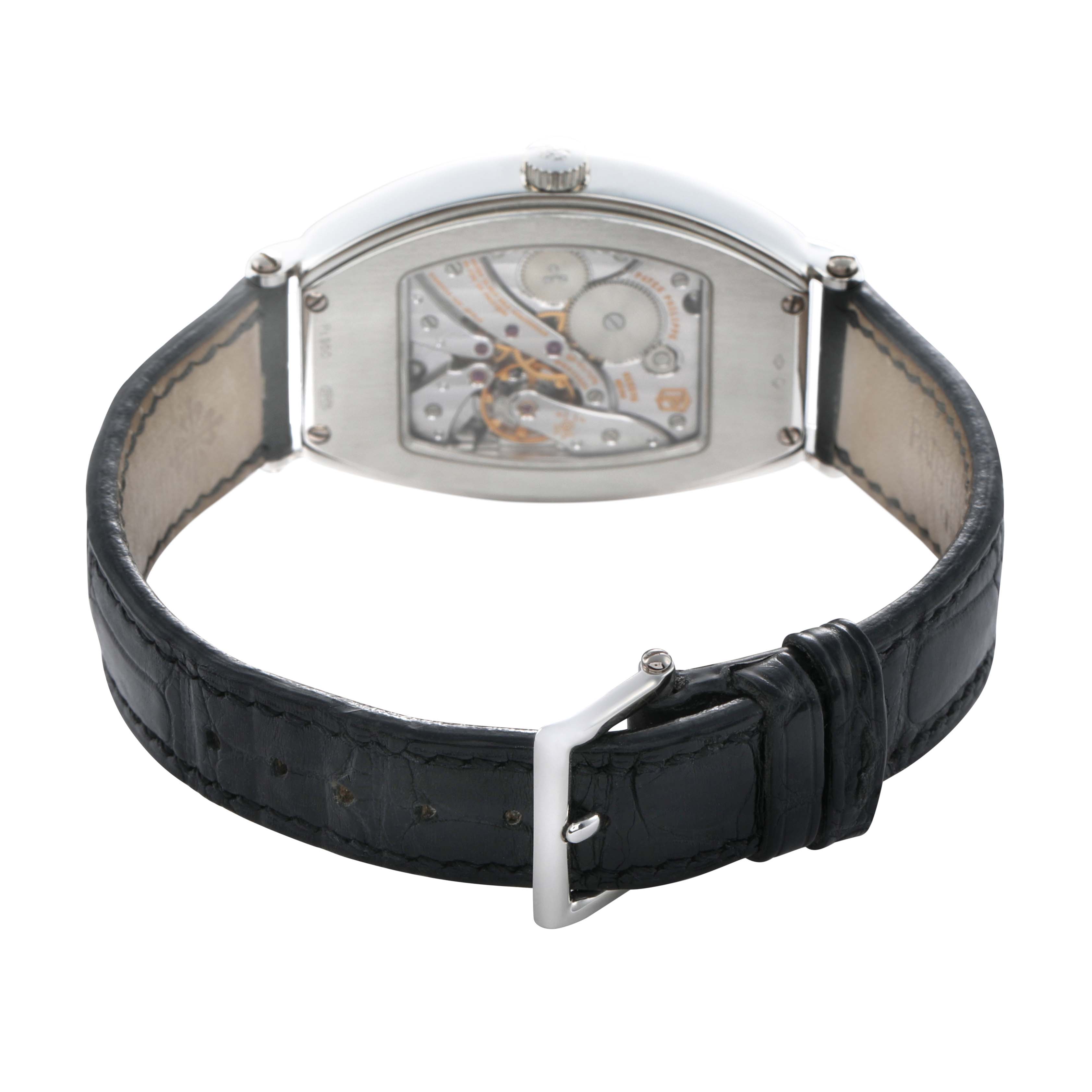 The Patek Philippe Gondolo 5098P-001 Men's Platinum Silver Dial watch is shown from the back, highlighting its movement and leather strap with a buckle.