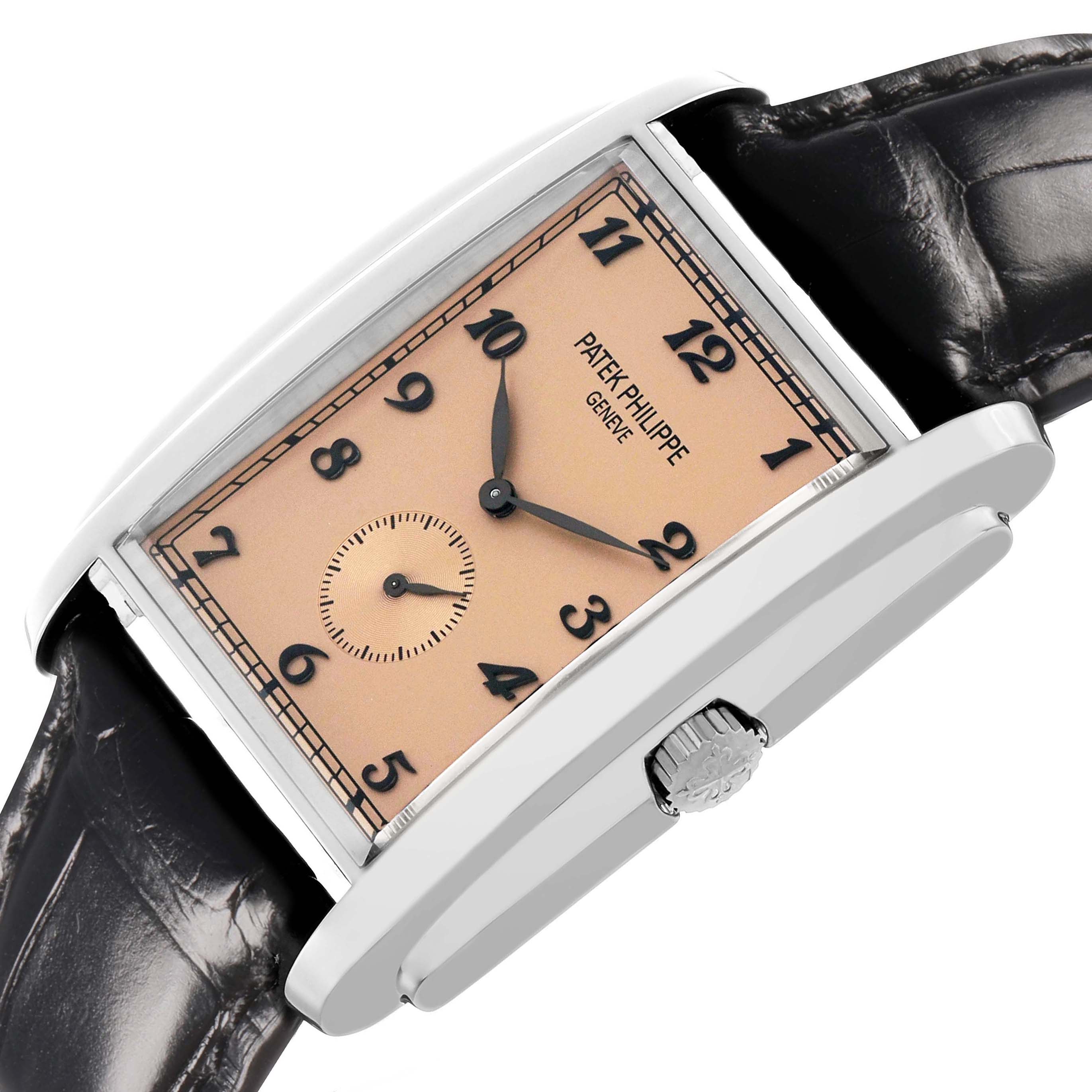 The Patek Philippe Gondolo 5124G Men's White Gold Pink Dial watch is shown at a slight angle, showcasing the dial, rectangular case, crown, and strap.