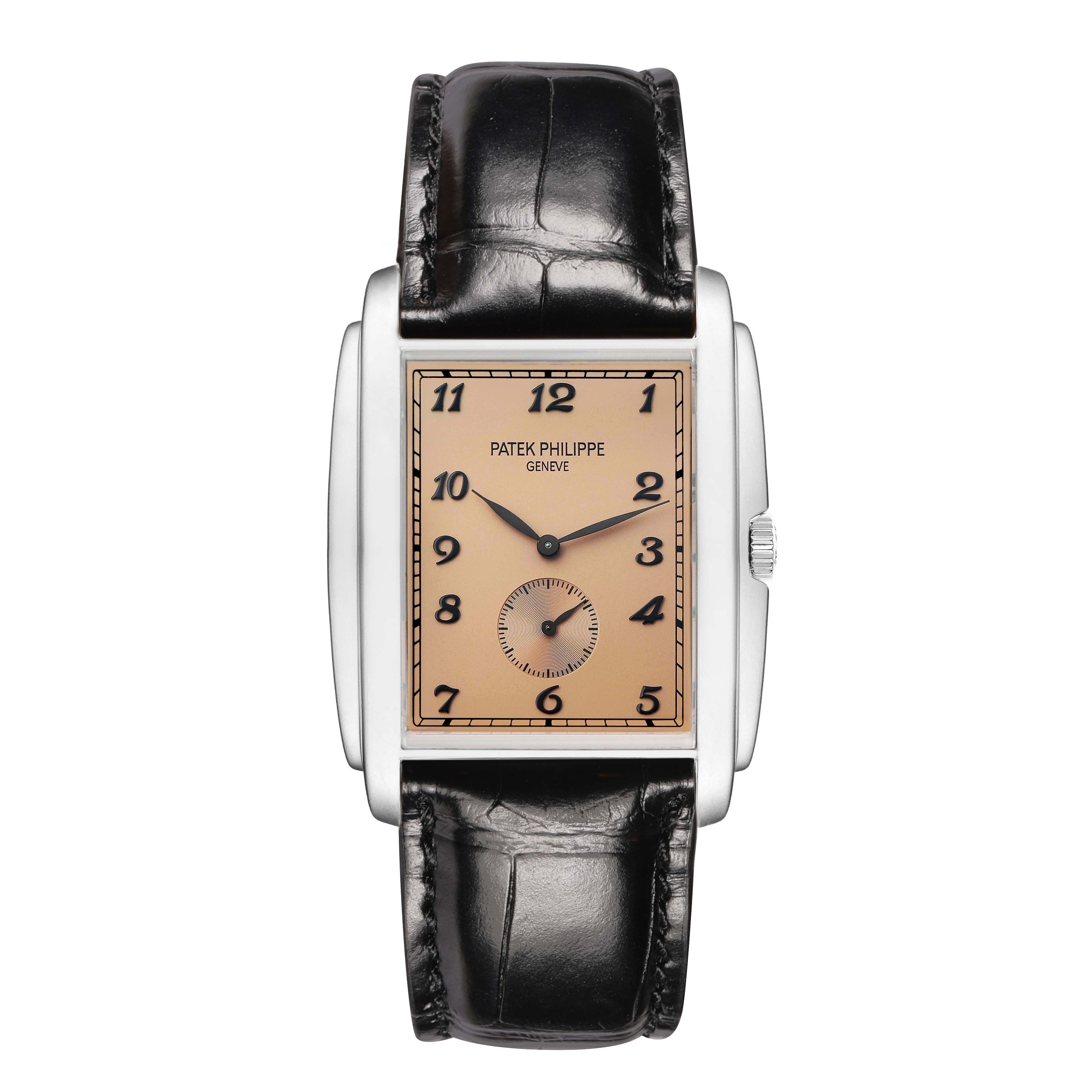 The Patek Philippe Gondolo 5124G Men's White Gold Pink Dial watch is shown from a top-down angle, displaying its face, strap, and crown.