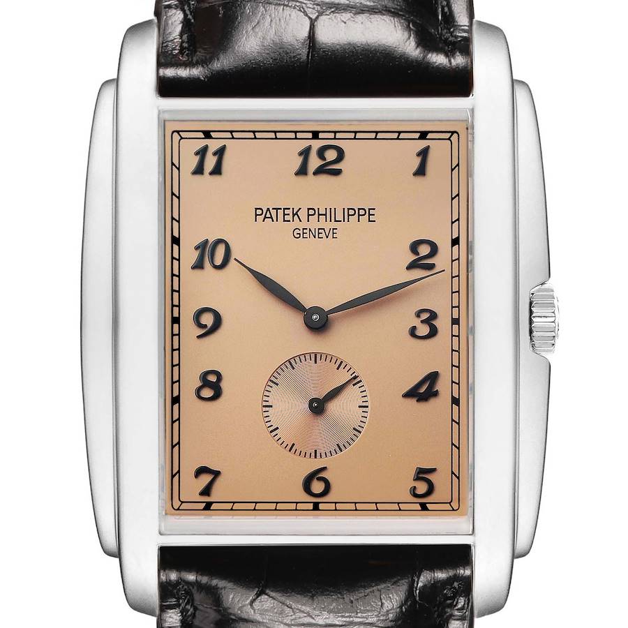 The Patek Philippe Gondolo 5124G Men's White Gold Pink Dial watch is shown from a front angle, highlighting the dial, case, crown, and strap.