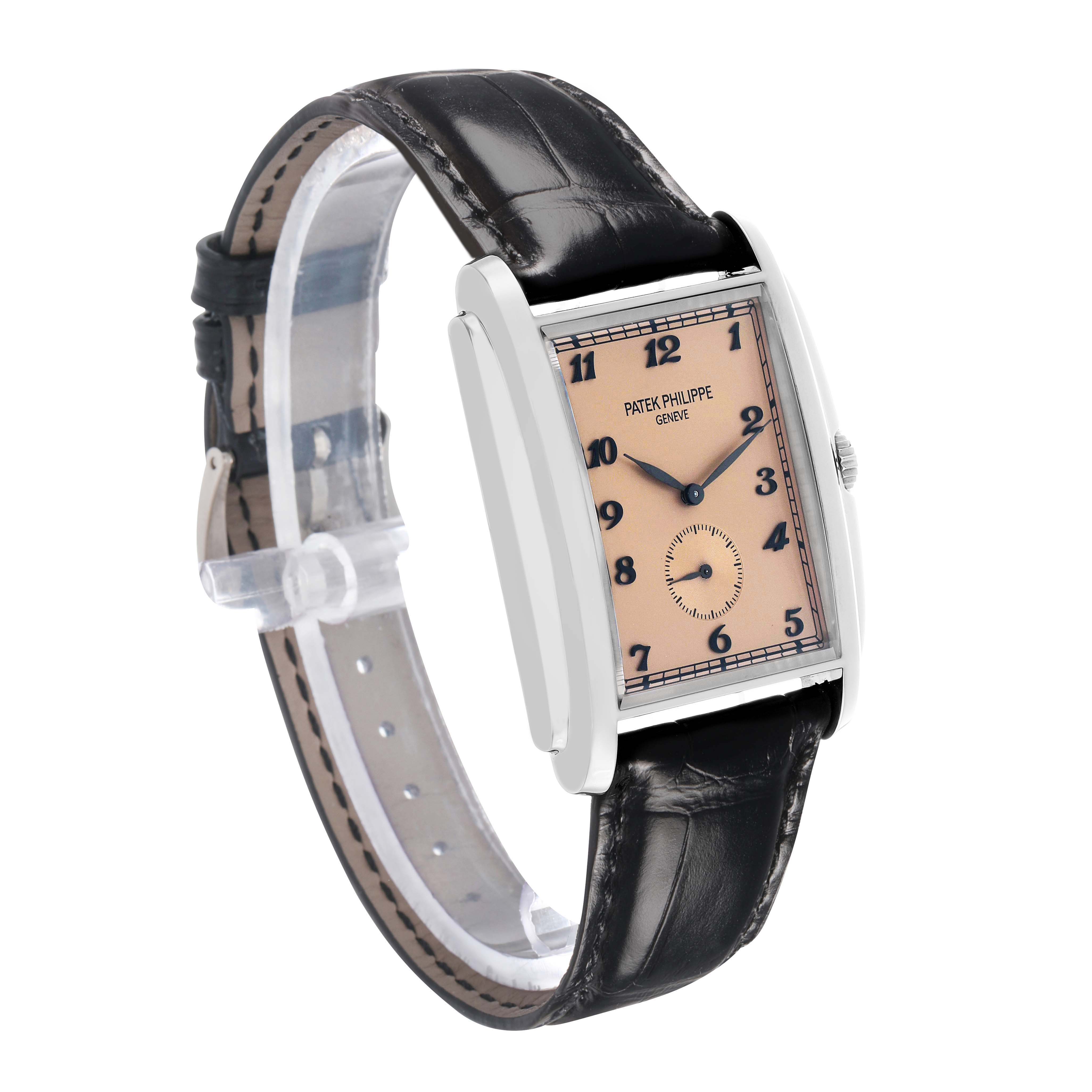 The Patek Philippe Gondolo 5124G Men's White Gold Pink Dial watch is shown at a slight angle, displaying the face, case, crown, and leather strap.