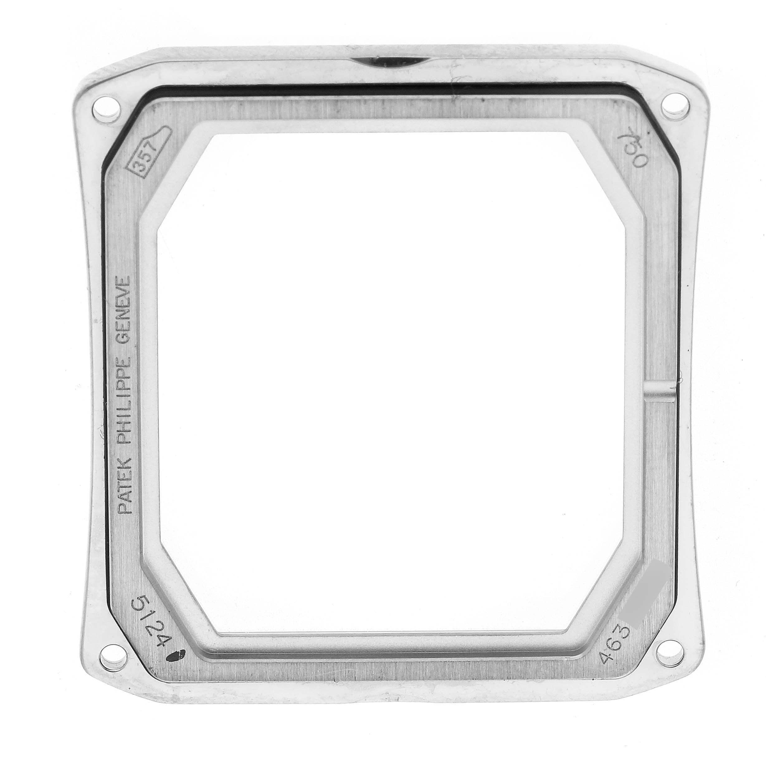 The image shows a front view of a Patek Philippe Gondolo 5124G Men's White Gold Pink Dial watch's square bezel frame.