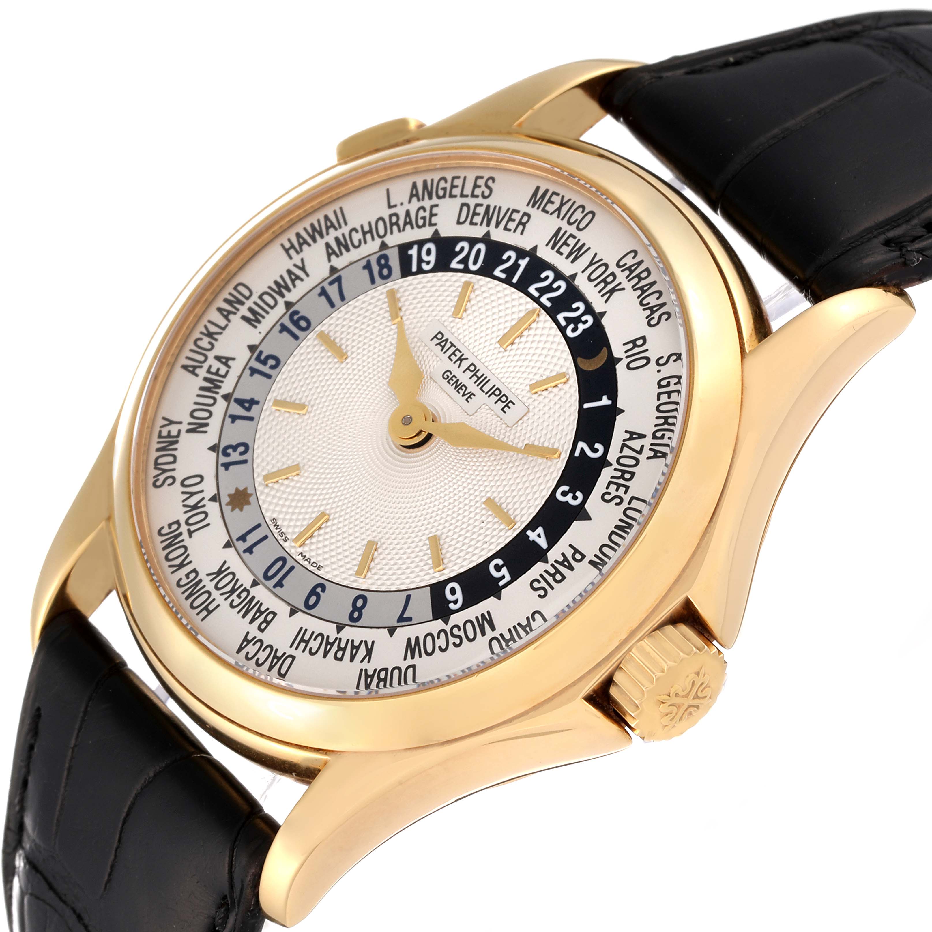 The image showcases a Patek Philippe Complications 5110J Men's Yellow Gold Silver Dial 5110J Men's Yellow Gold Silver Dial watch at an angled side view, highlighting the dial, crown, and black leather strap.