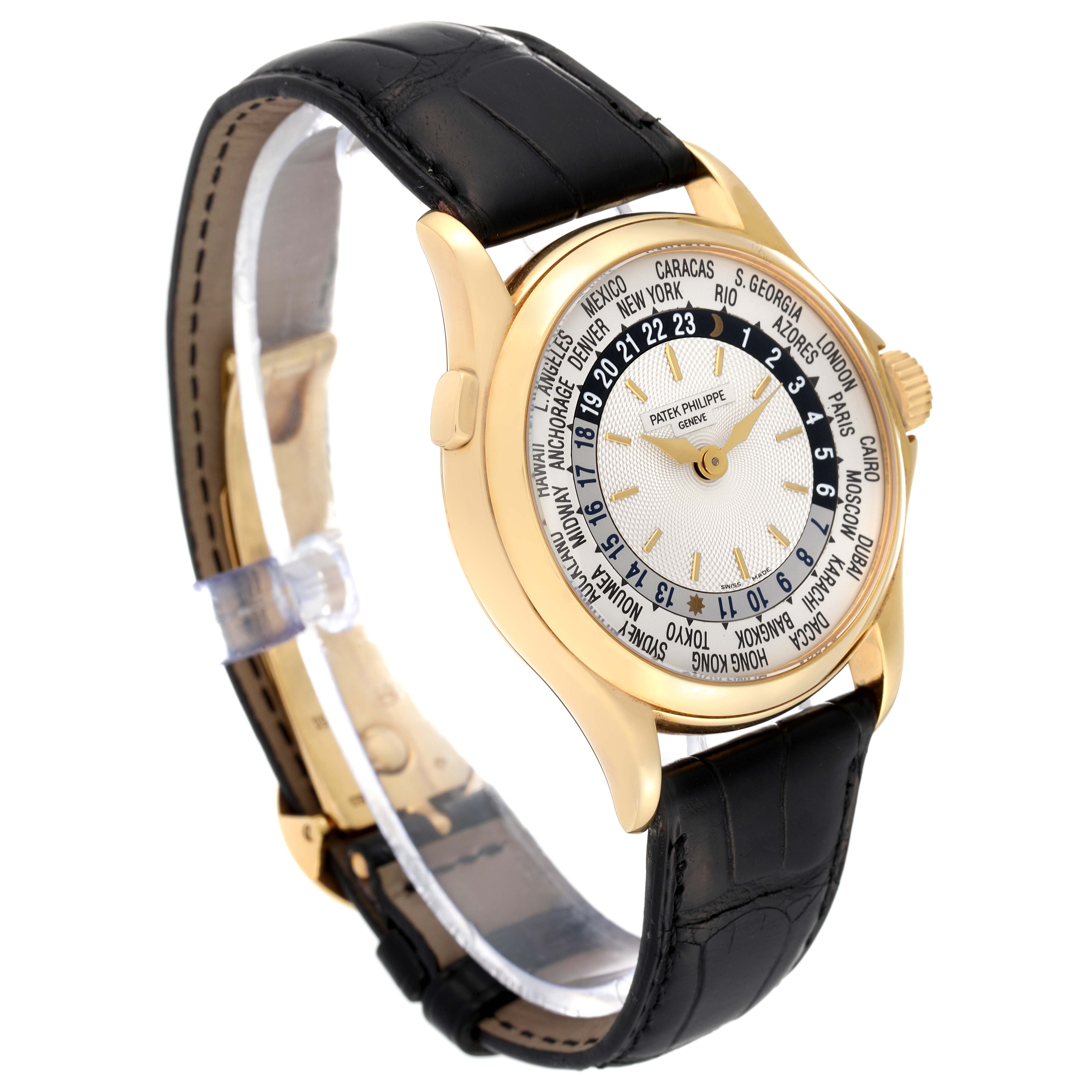 The Patek Philippe Complications 5110J Men's Yellow Gold Silver Dial 5110J Men's Yellow Gold Silver Dial watch is shown at a three-quarter angle, highlighting its face, bezel, lugs, and leather strap.