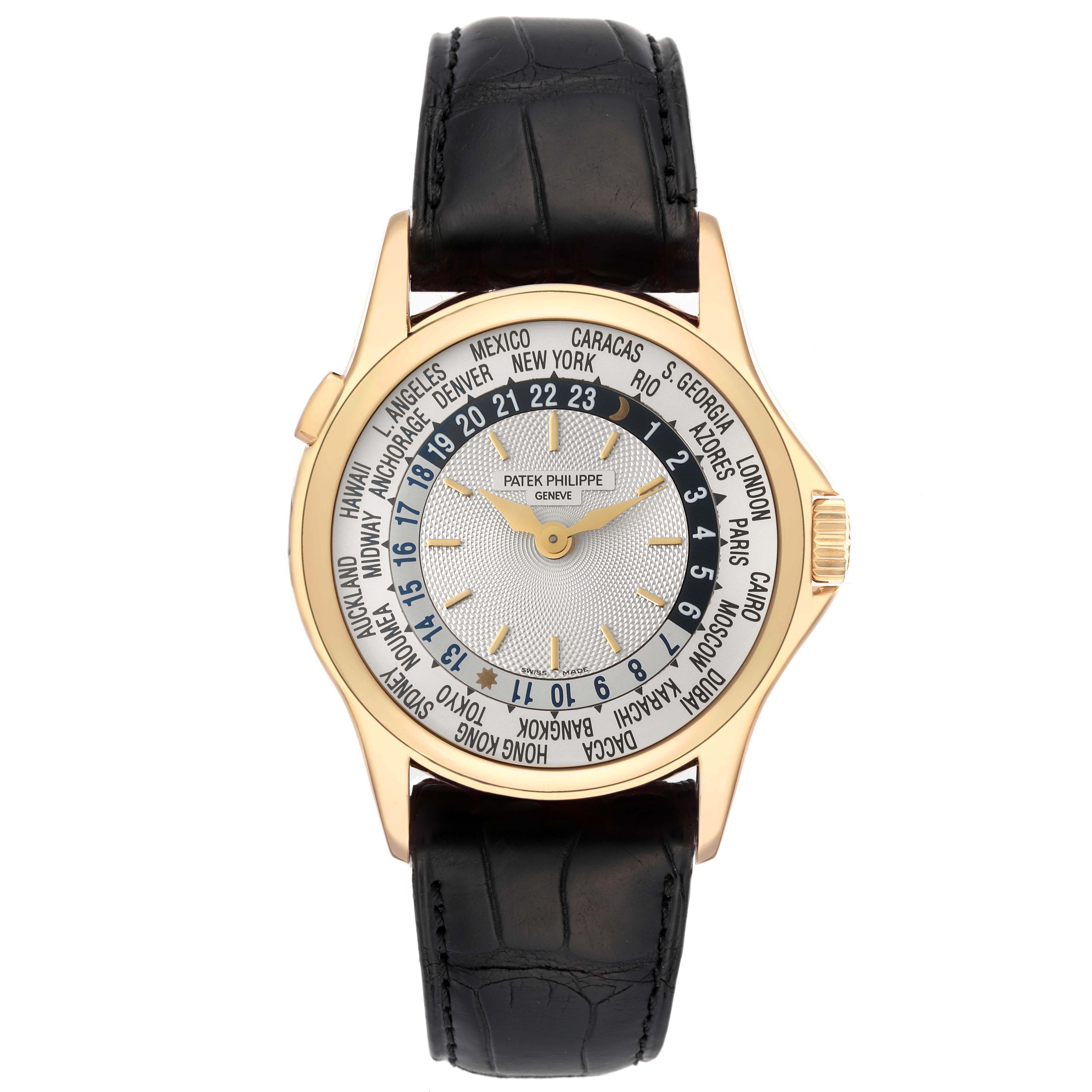 This image shows a front view of the Patek Philippe Complications 5110J Men's Yellow Gold Silver Dial 5110J Men's Yellow Gold Silver Dial watch, highlighting the face, bezel, and black leather strap.