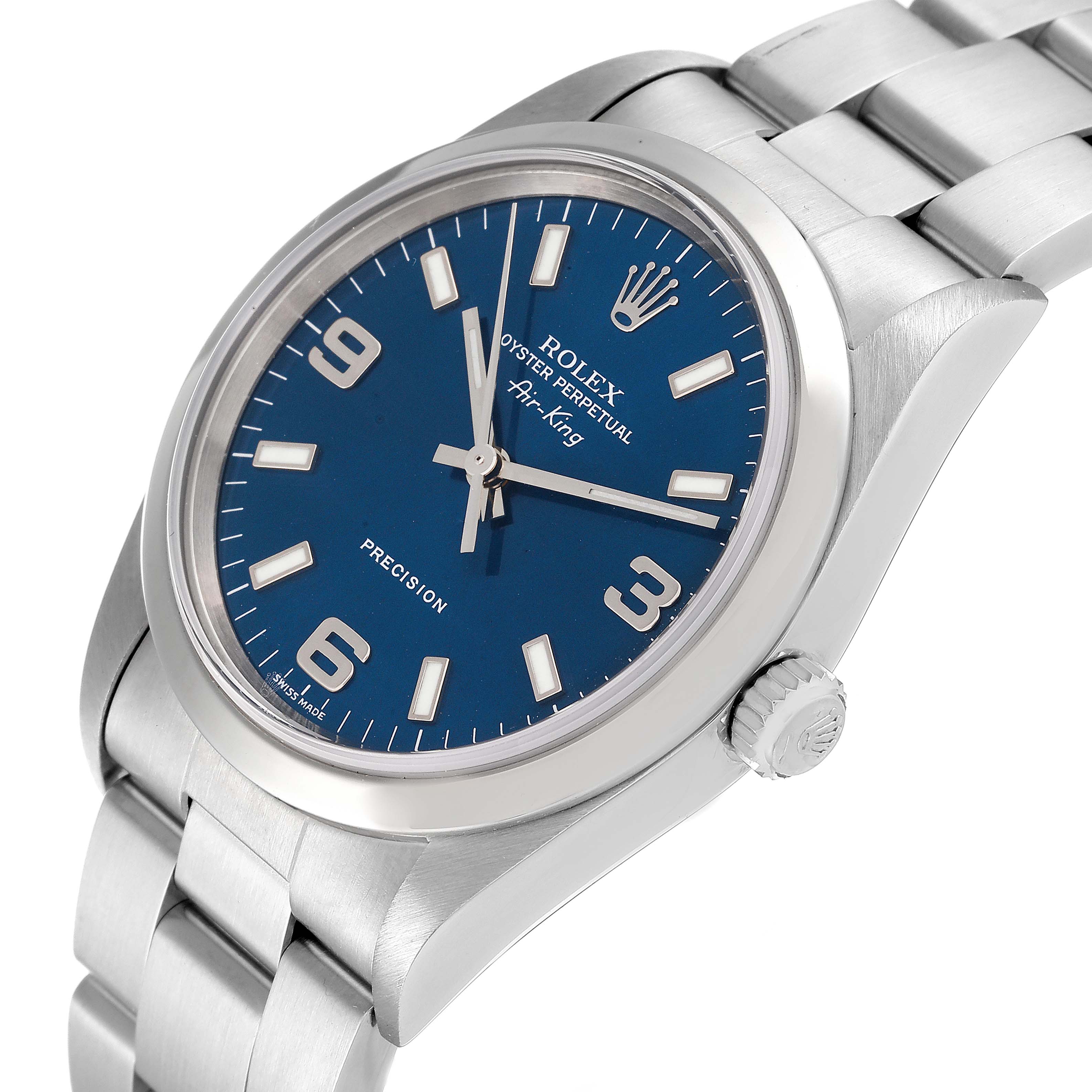 The Rolex Air-King 14000 Men's Stainless Steel Blue Dial 14000 Men's Stainless Steel Blue Dial watch is shown at a slight angle, highlighting the dial, case, crown, and bracelet.
