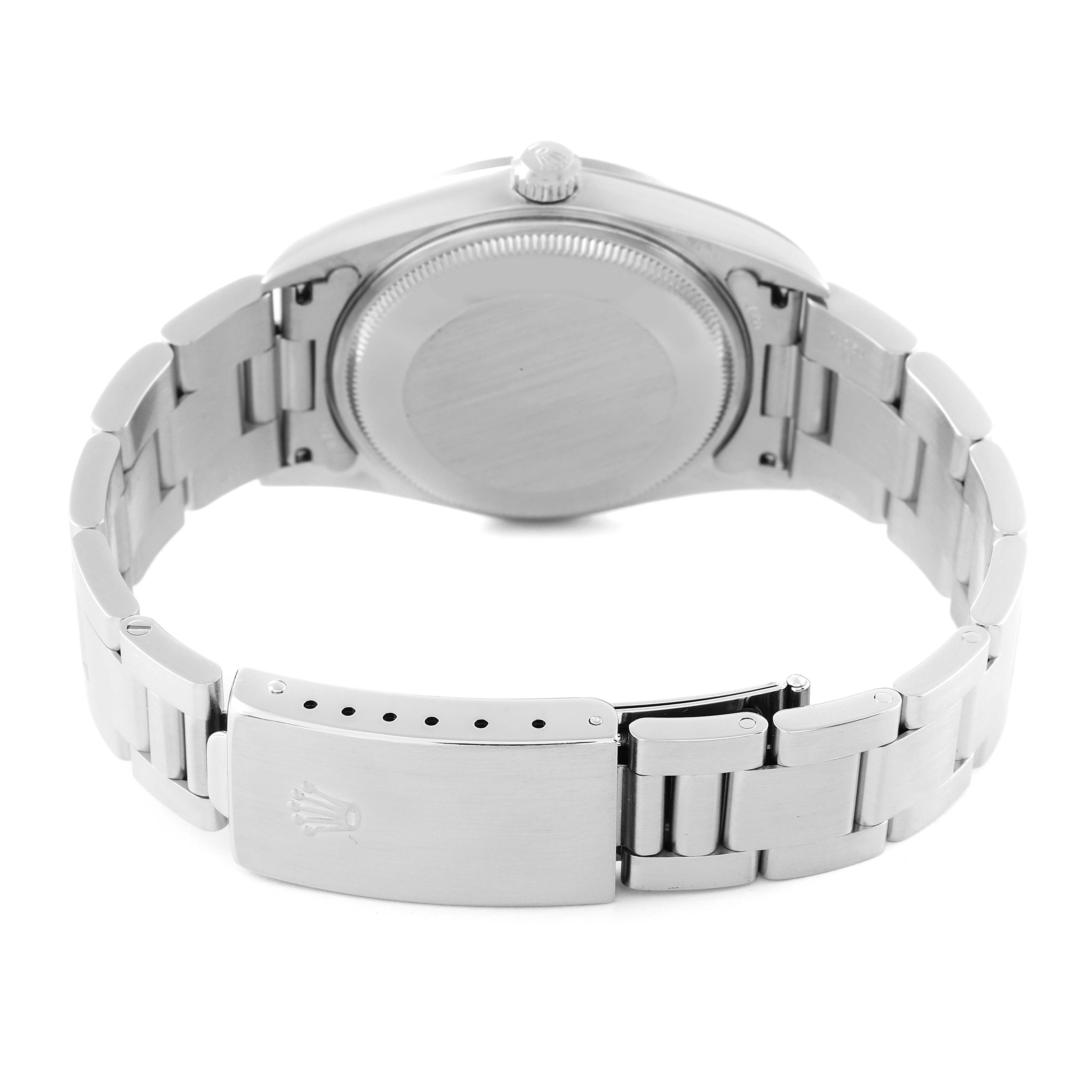 The image shows the back view of a Rolex Air-King 14000 Men's Stainless Steel Blue Dial 14000 Men's Stainless Steel Blue Dial watch, including the case back and the clasp of the bracelet.